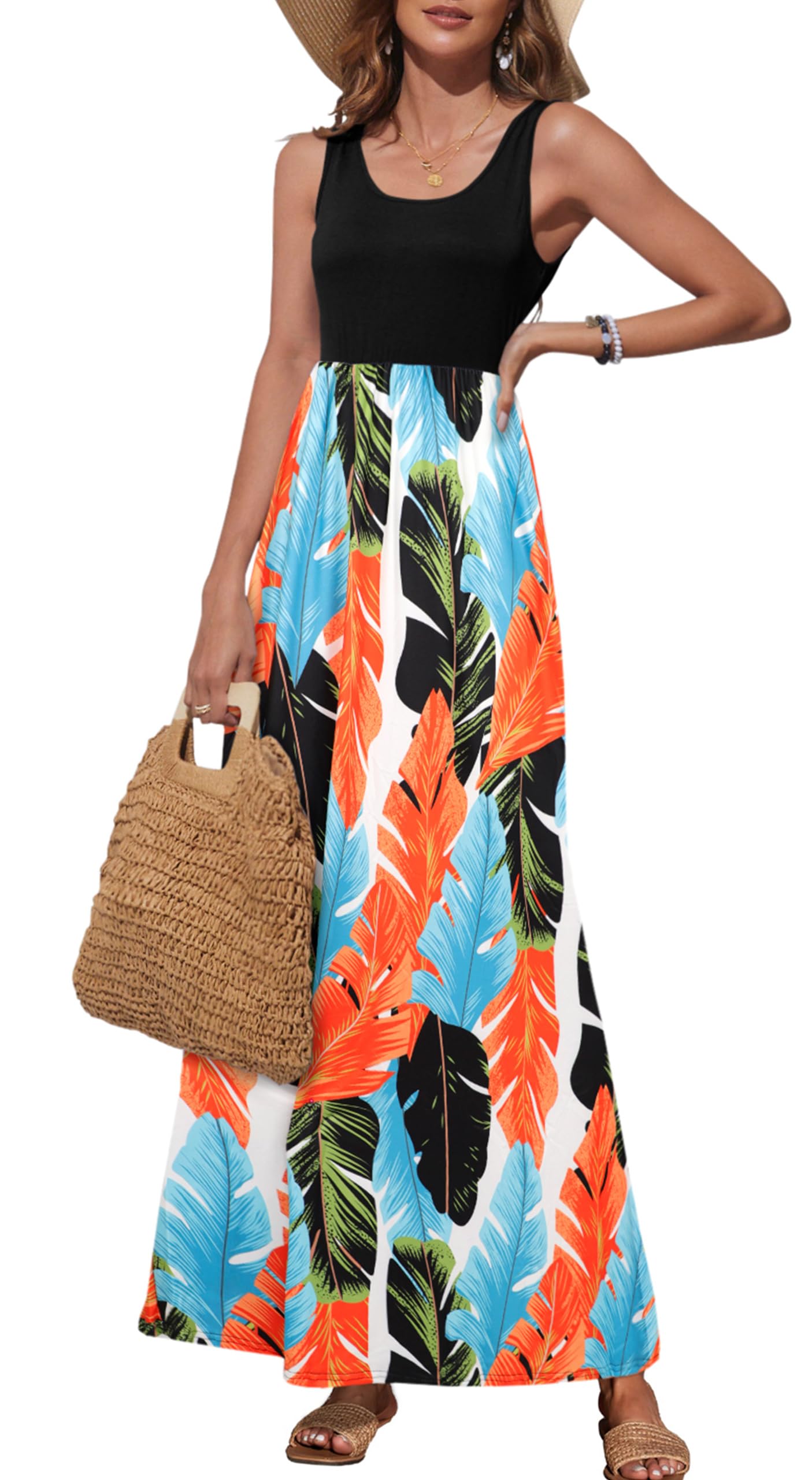 Bluetime Women's Summer Boho Sleeveless Floral Print Tank Long Maxi Dress (S-3XL)