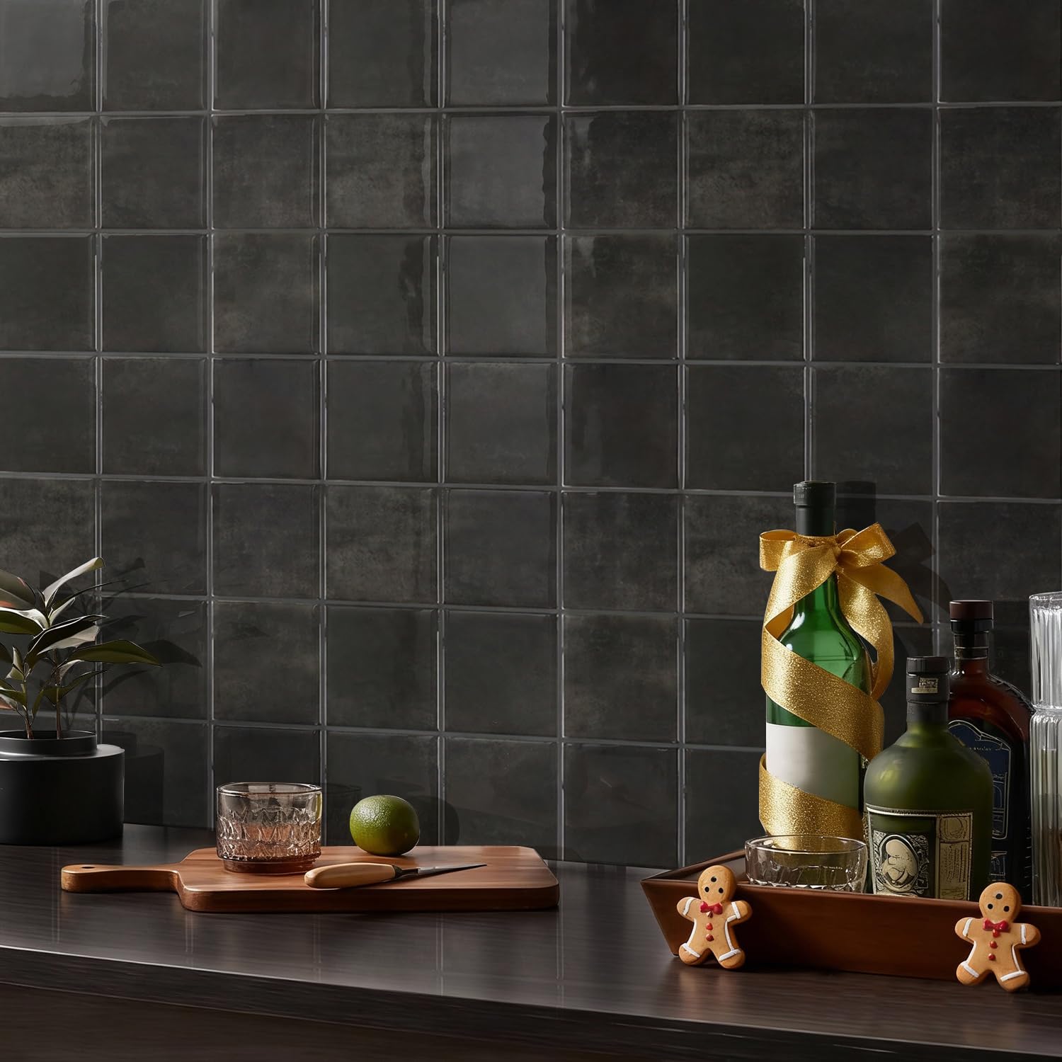 Commomy Più Spessi Piastrelle Adesive Cucina Nero, 10 pezzi | Paraschizzi Cucina Mattonelle Adesive Bagno, Vinile Pannelli Decorative 3D per Parete,30,5 x 30,5 cm