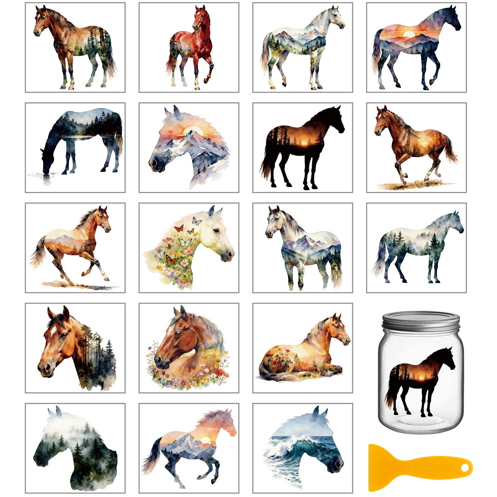 GLOBLELAND 18 Sheets Forest Horses Transfer Stickers 3.9x3.6 Inch Horse Head Colorful Transfer Decal Animals Rub on Transfer for Cup Decal Vase Glass Art Crafts Decorations โ image 1
