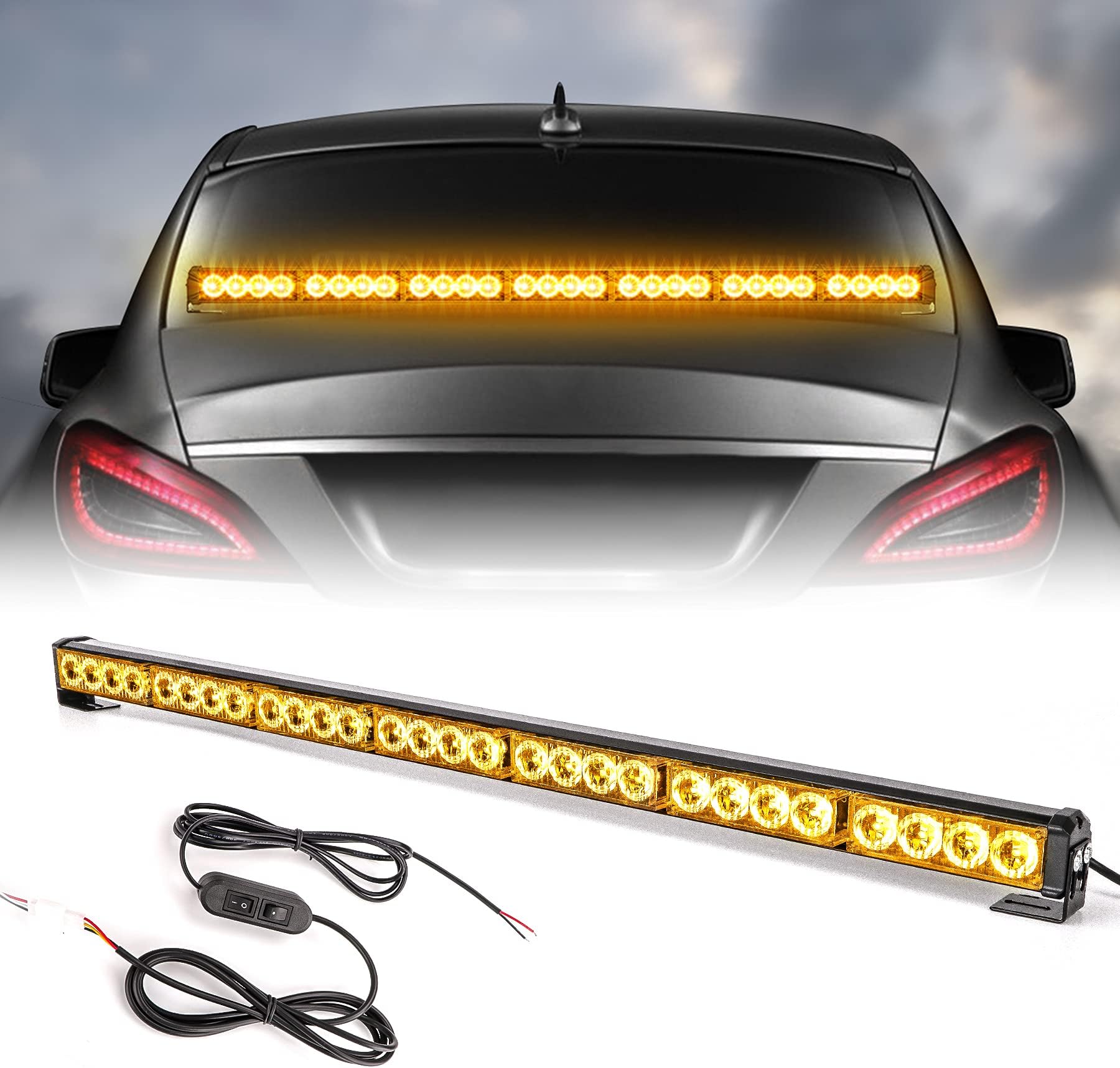 SMALLFATW Emergency Light Strobe Light Bar 32" 28 LED High Intensity 13 Flashing Modes Aluminium Housing Super Bright Waterproof Adjustable Bracket Strobe Light for Cars Trucks Vehicles, Amber