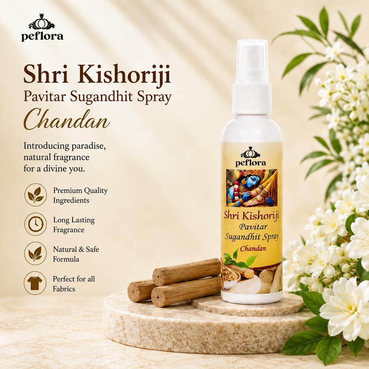 Peflora Shri Kishori ji Parivaar Sughandit Fabric Perfume, Smudge Spray, 100Ml/3.3 Oz, Sage Spray For Cleansing Negative Energy & Protection, Non-Toxic, For Spiritual, Smokeless (CHANDAN) 2