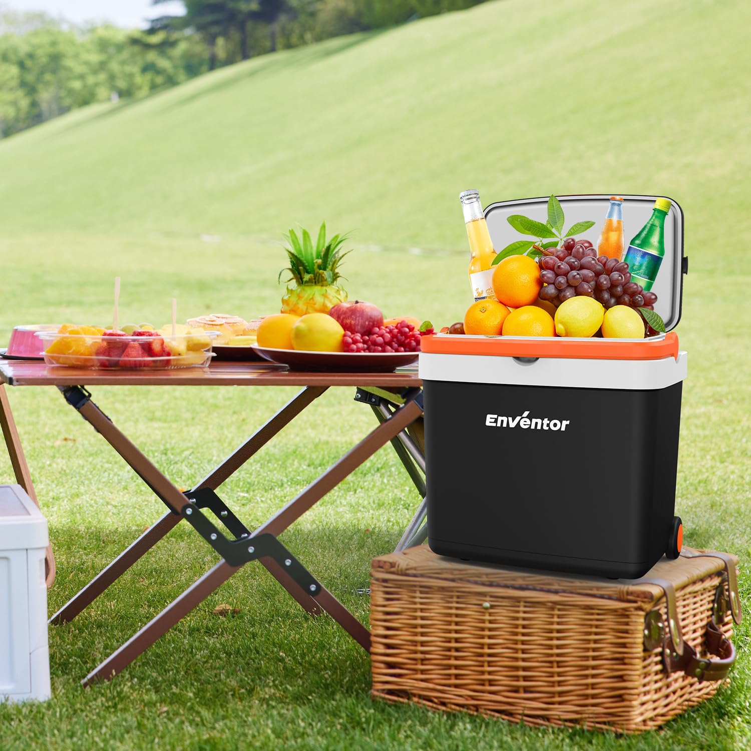 Enventor Glacière électrique 33 Litres, avec roulettes et poignée allongée, Mini Frigo pour garder au chaud et au frais, 12V 230V, mode ECO, réfrigérateur pour Voiture, Camping et Bateau