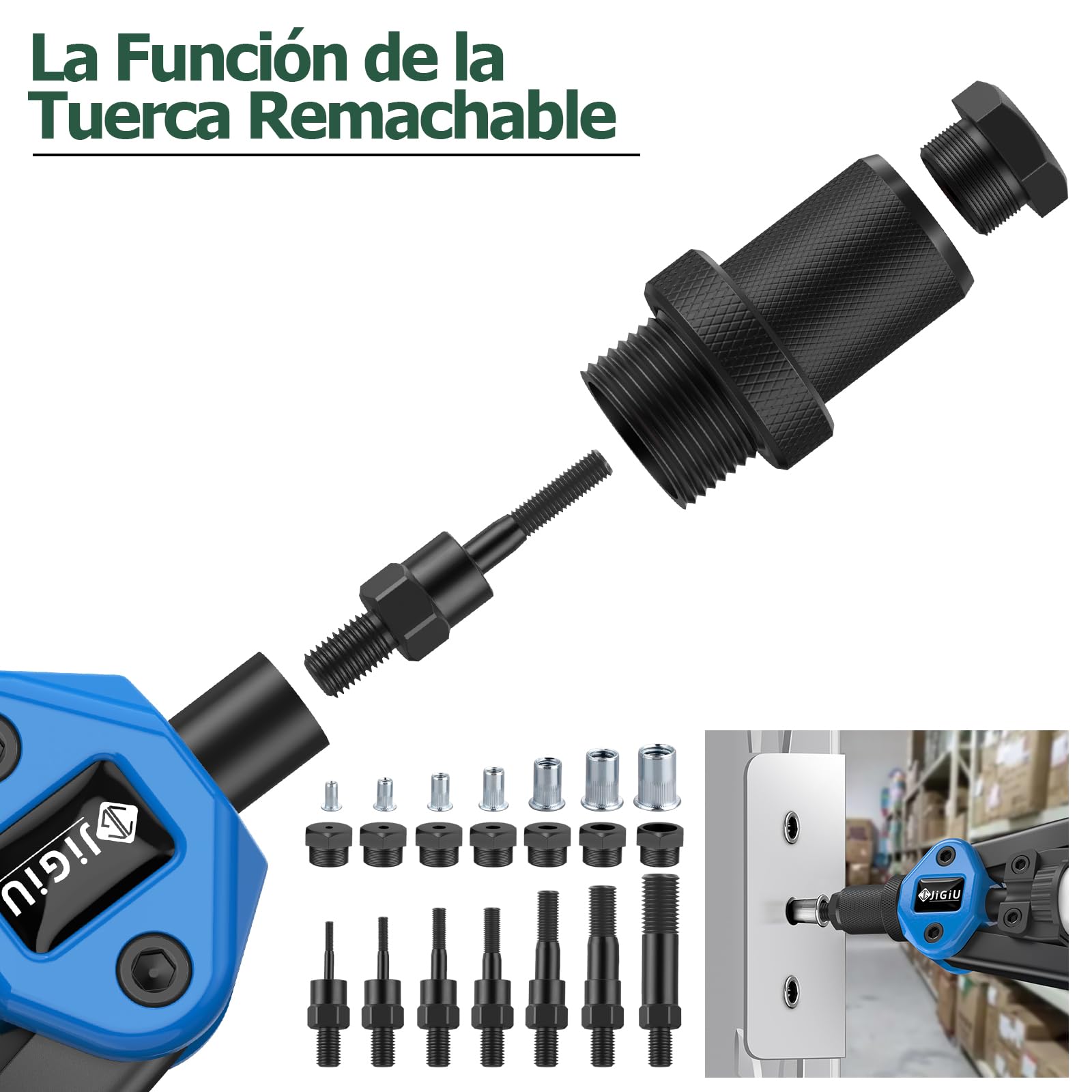 JiGiU Remachadora de Tuerca y Pistola de Remachador 2 en 1, Juego de Alicates para Remachar con M3 M4 M5 M6 M8 M10 M12 y 5 Cabezas Remachables 3.2 4.0 4.8 6.0 6.4mm con 110 Tuercas y 50 Remaches-Azul