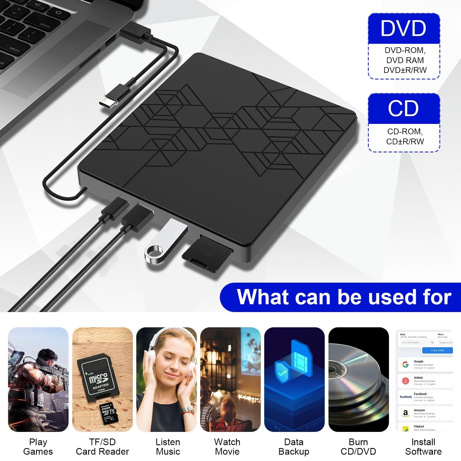 RUIZHI BLU-Ray - Unidad Externa de CD DVD para Ordenador portátil Windows 11/10/7, MacBook, Color Negro