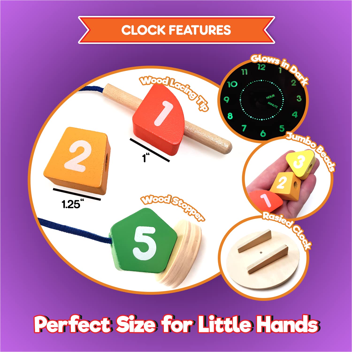 Lace & Learn - Reloj de madera para niños – Formas, colores, cordones y decir la hora – Brilla en la oscuridad habilidades motoras finas y juguetes de madera con libro electrónico de actividades 6