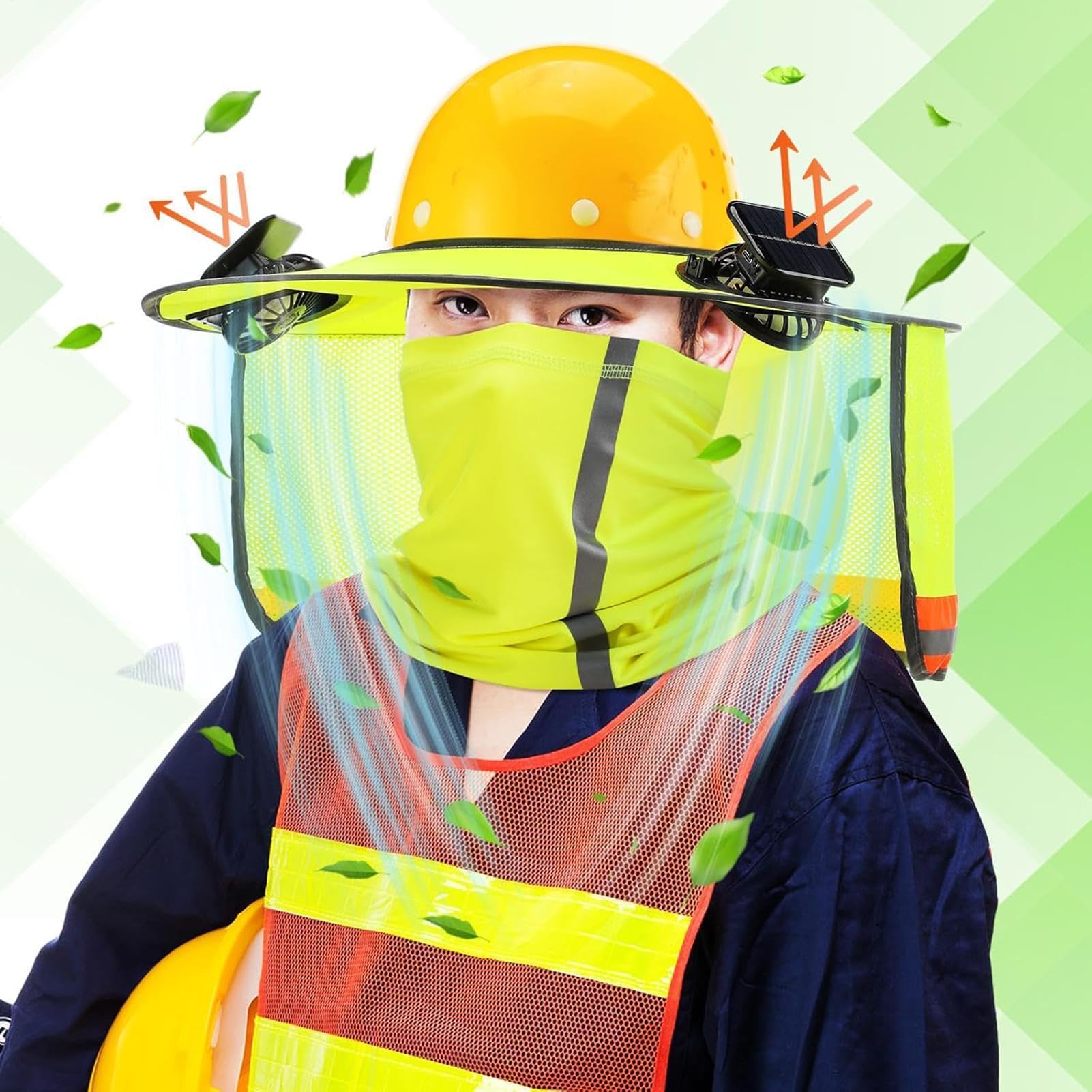 Casque de protection solaire - Écharpe tubulaire légère avec ventilateur solaire, casque de chantier, protection solaire à bord complet - Pour mesure, aménagement paysager, toiture, randonnée