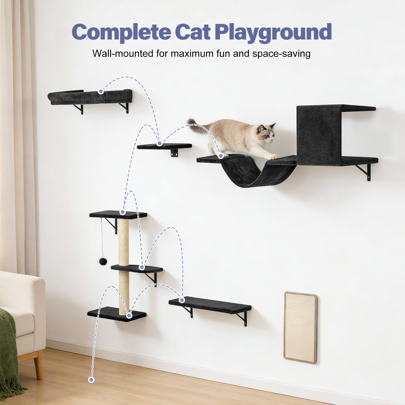 Fopetfy Cat Wall Shelves, Stable & Safe 6 in 1 Cat Furniture Set Black, for Cats to Climb, Hide, Lounge, and Scratch - image 6