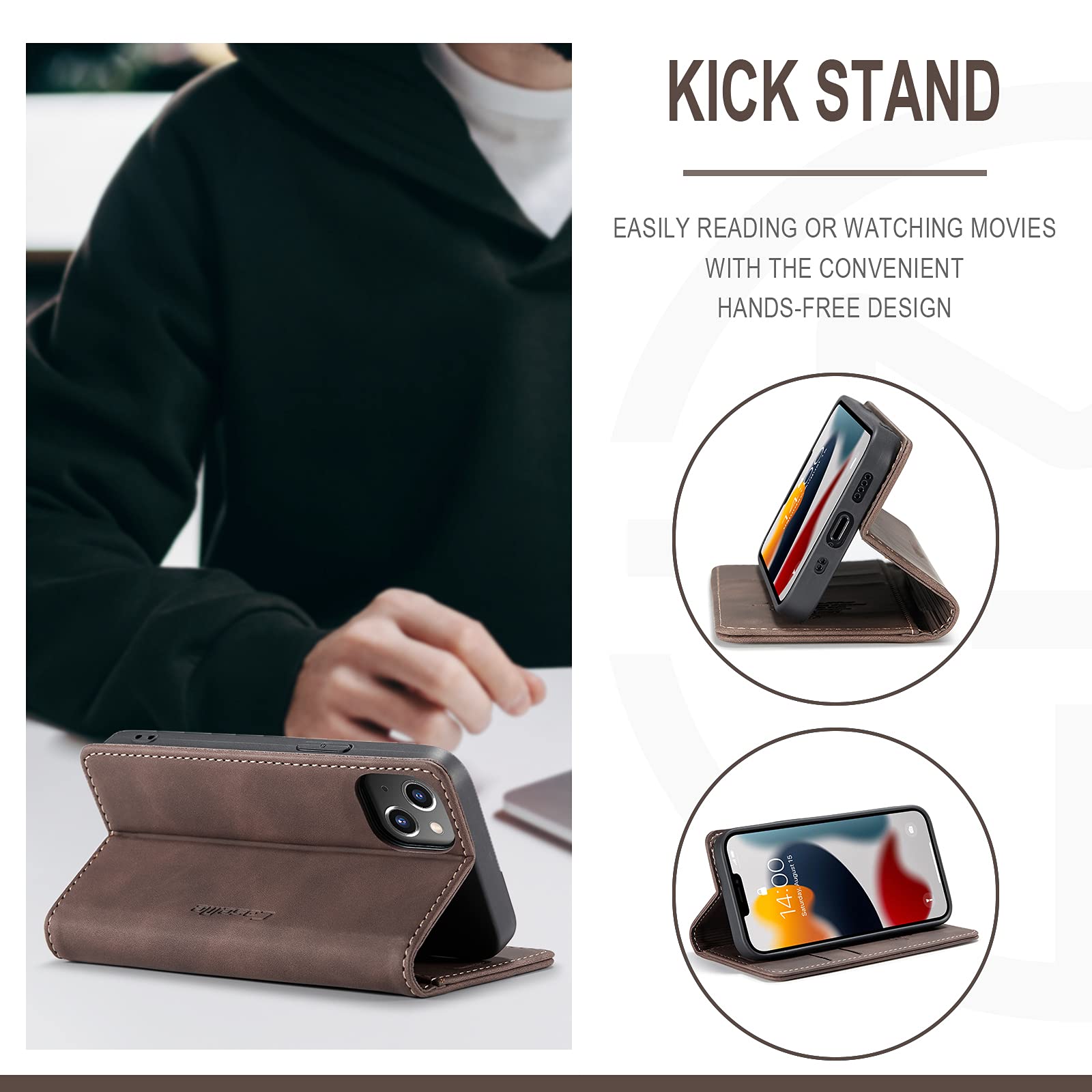 iPhone 13 Mini Case - Wallet Phone Case - Custodia classica per telefono a portafoglio, cinturino da polso sottile, con portacarte - BAIRN