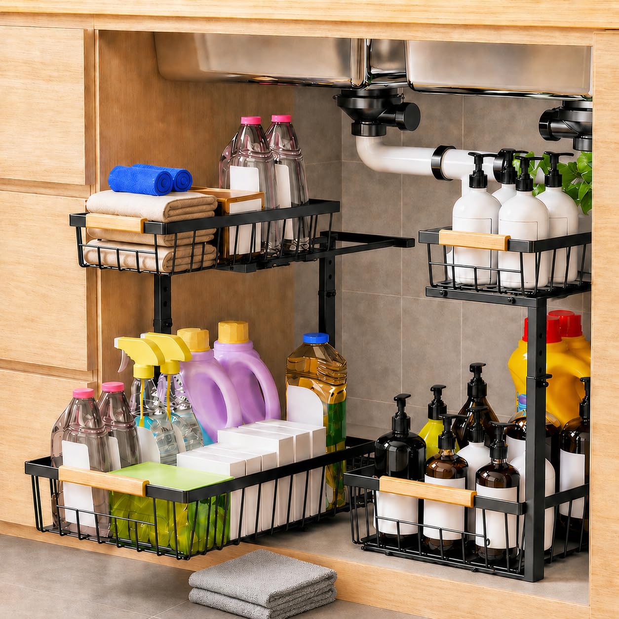 Pack 2 Organizadores Bajo Fregadero Ajustables (28-42cm) con 2 Paños Microfibra Incluidos · Organizador Cocina · Organizador Fregadero · Color Negro.