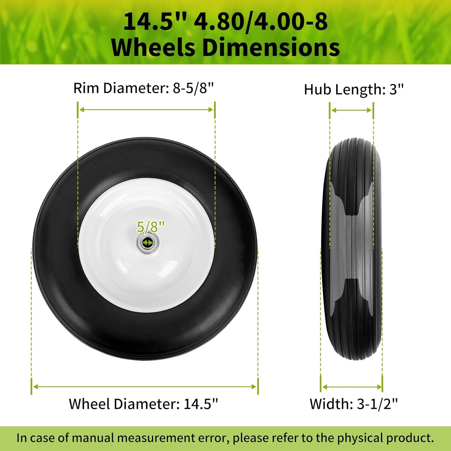 4.80/4.00-8 Flat Free Tire, 14.5" Wheelbarrow Tires with 3" - 7" Centered Hub, 3/4" or 5/8" Bushing, 2 Pack Universal Replacement Wheels, Dynamic Load Only, Outdoor Use