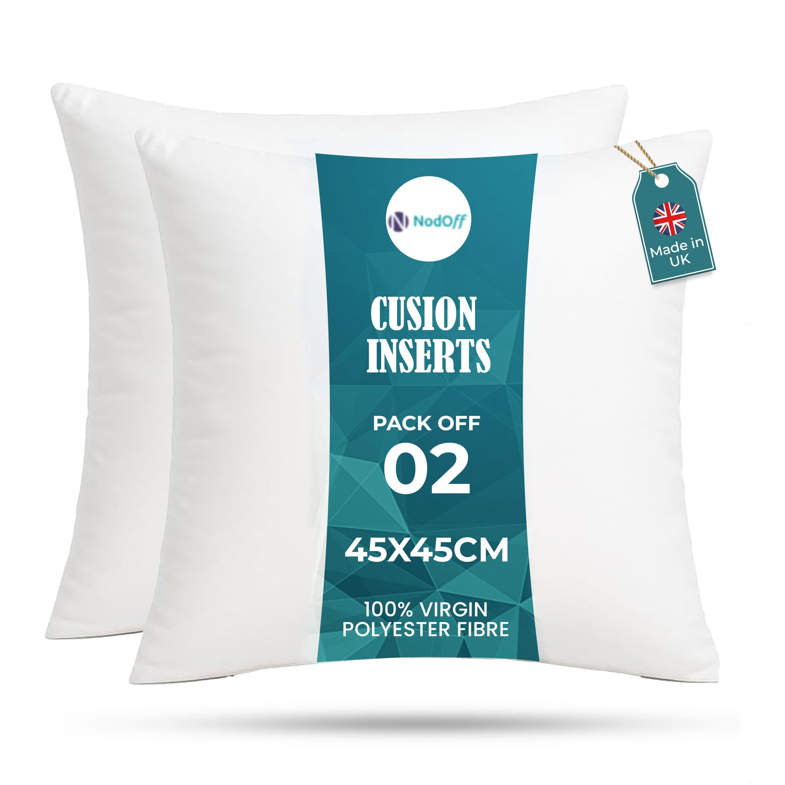 Nod Off Cushions Inserts (Pack of 2) - 18” x 18” (45cm x 45cm) Hollowfibre Stuffed Square Cushion Insert - Hypoallergenic Bounce Back Cushion for Sofa, Bed, & Outdoor