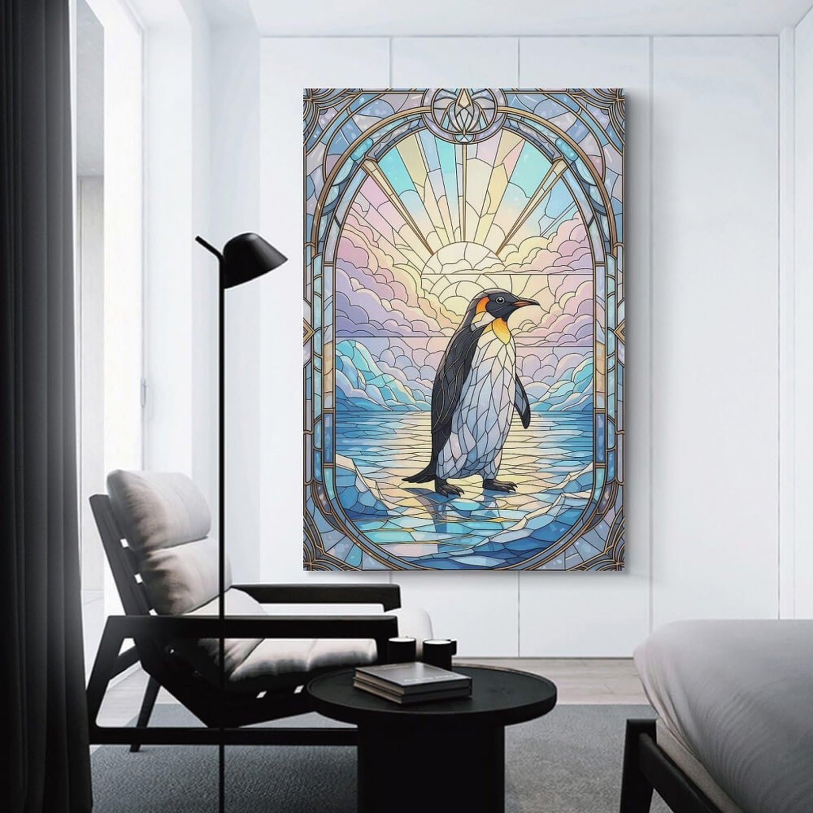 Junmoney Wall Picture Print Stained Glass Penguin, 24x36inch(60x90cm), for Wall Displays, Bedrooms Or Room Updates, Wall Decor Suited to Curated Displays