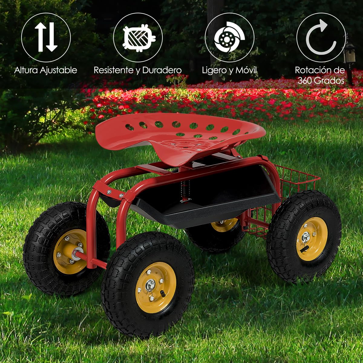 COSTWAY Asiento de Jardín con Ruedas, Taburete Móvil de Trabajo de Jardinería con Altura Ajustable y Asiento Giratorio de 360°, Cesta de Almacenamiento, Carro de Trabajo para Césped, Patio(Rojo)