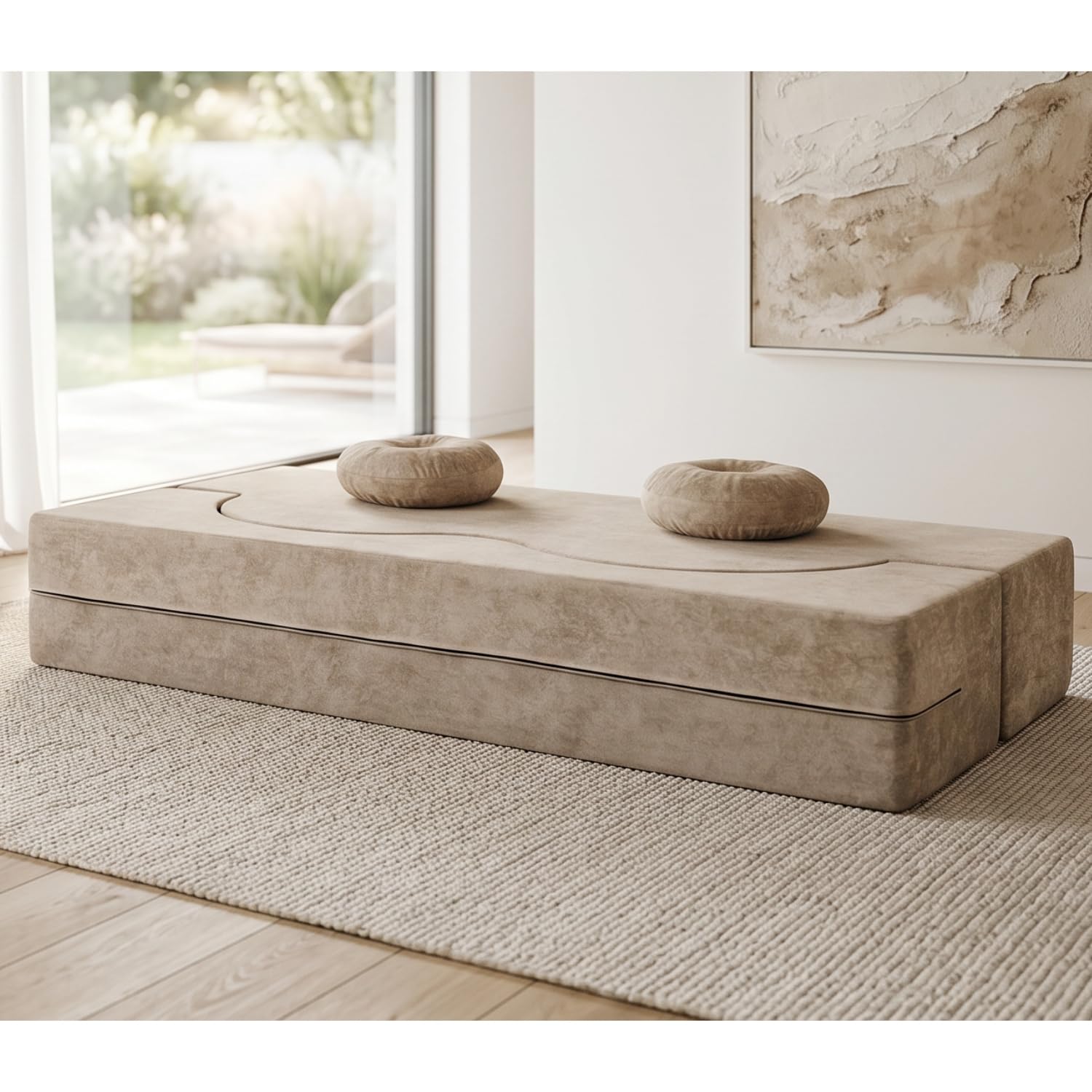 Armana Elise Divano 2/3 posti in tessuto beige, convertibile a letto, 200 cm, comodo, multifunzionale, moderno, consegnato compresso (Beige)