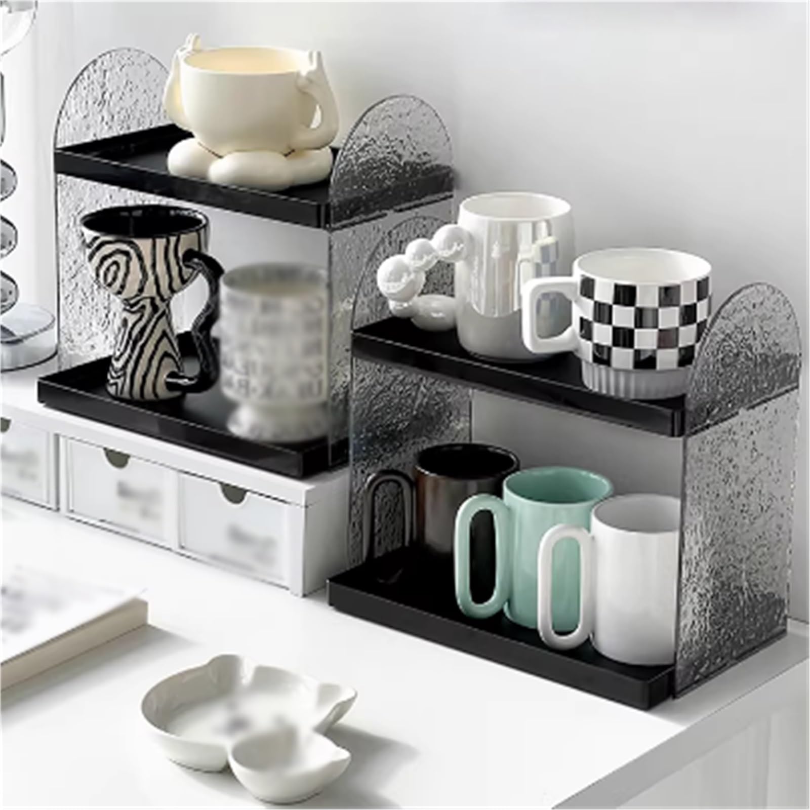 B3F7M4R9J2 Porta Tazze Coffee cup storage pantry bar counter acrylic holder double-layer tray(Nero)