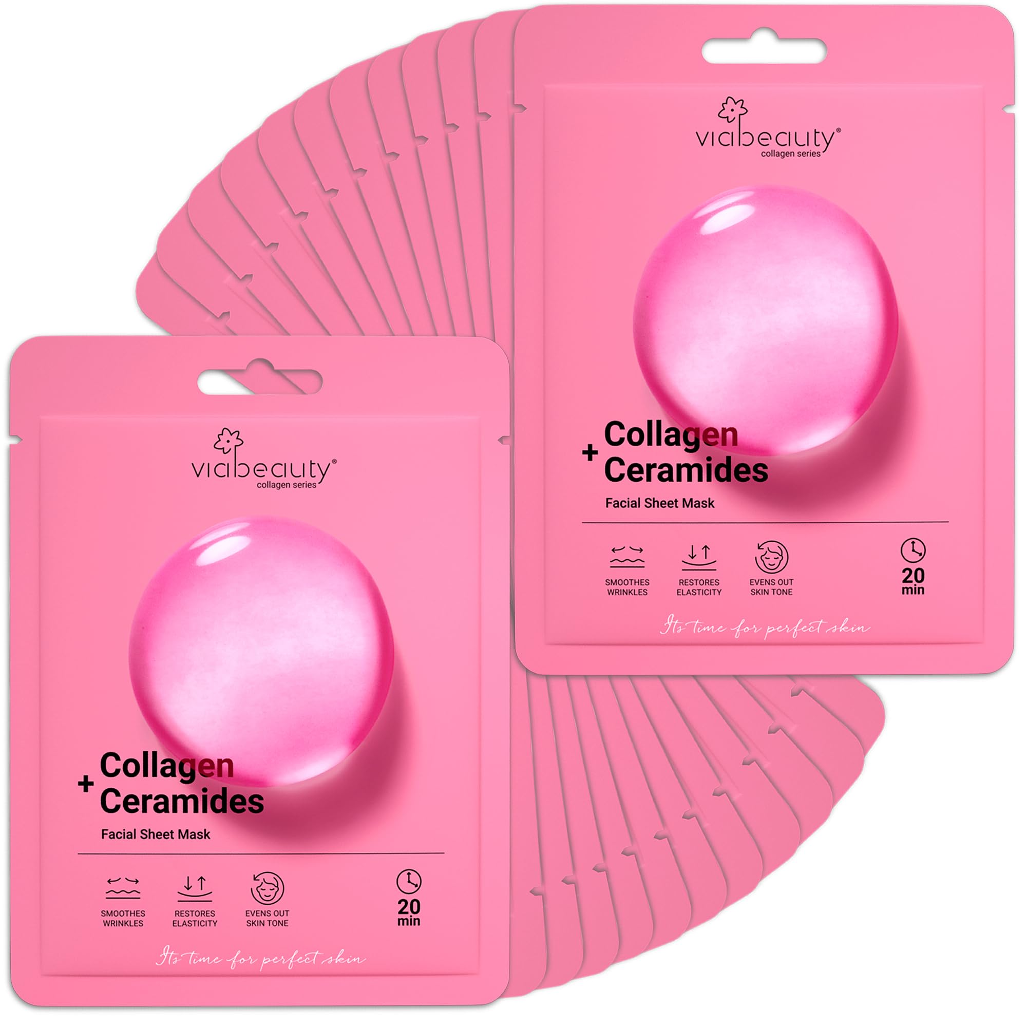 VIABEAUTY 24 Pack of Collagen Face Mask with Ceramides - Rejuvenating Facial Sheet Mask, Fine Lines & Reduce Wrinkles - Face Masks Skincare