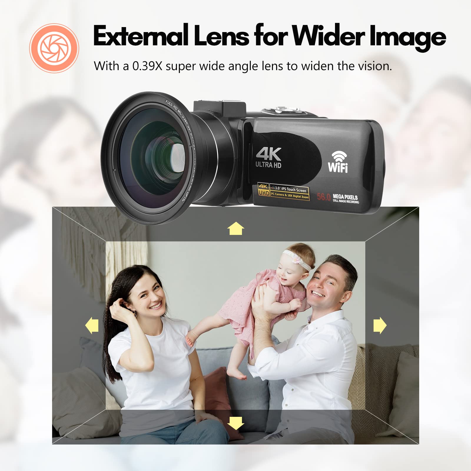 Andoer Videocamera, videocamera 4K, Vlogging per YouTube, 3.0", IPS Touch Screen IR, zoom digitale 18x, con 2 batterie, telecomando, borsa per il trasporto, microfono e obiettivo grandangolare 0,39X