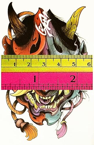 Miniatura 2 de Juego de 3 hojas de mini máscara Hannya Oni tatuajes temporales impermeables para hombres y mujeres, diseño de artes, cuello, pecho, hombros,