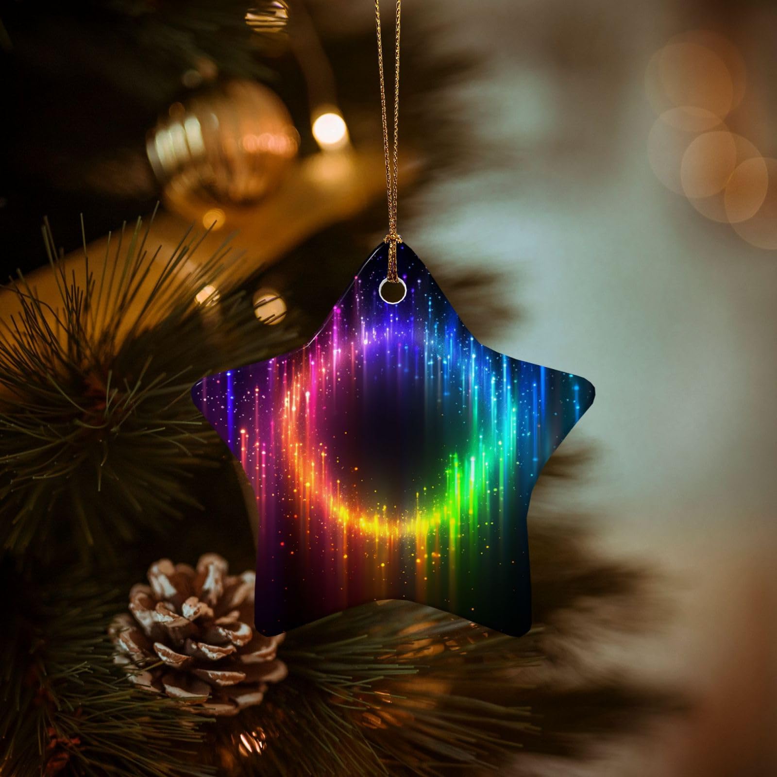 Christmas Ornaments for Christmas Tree Decoration Hanging Rainbow Neon Ornament with Gold Ribbon Crafts Star Shape Ceramic Pendant for Keepsake Gifts Xmas Decor Party Supplies