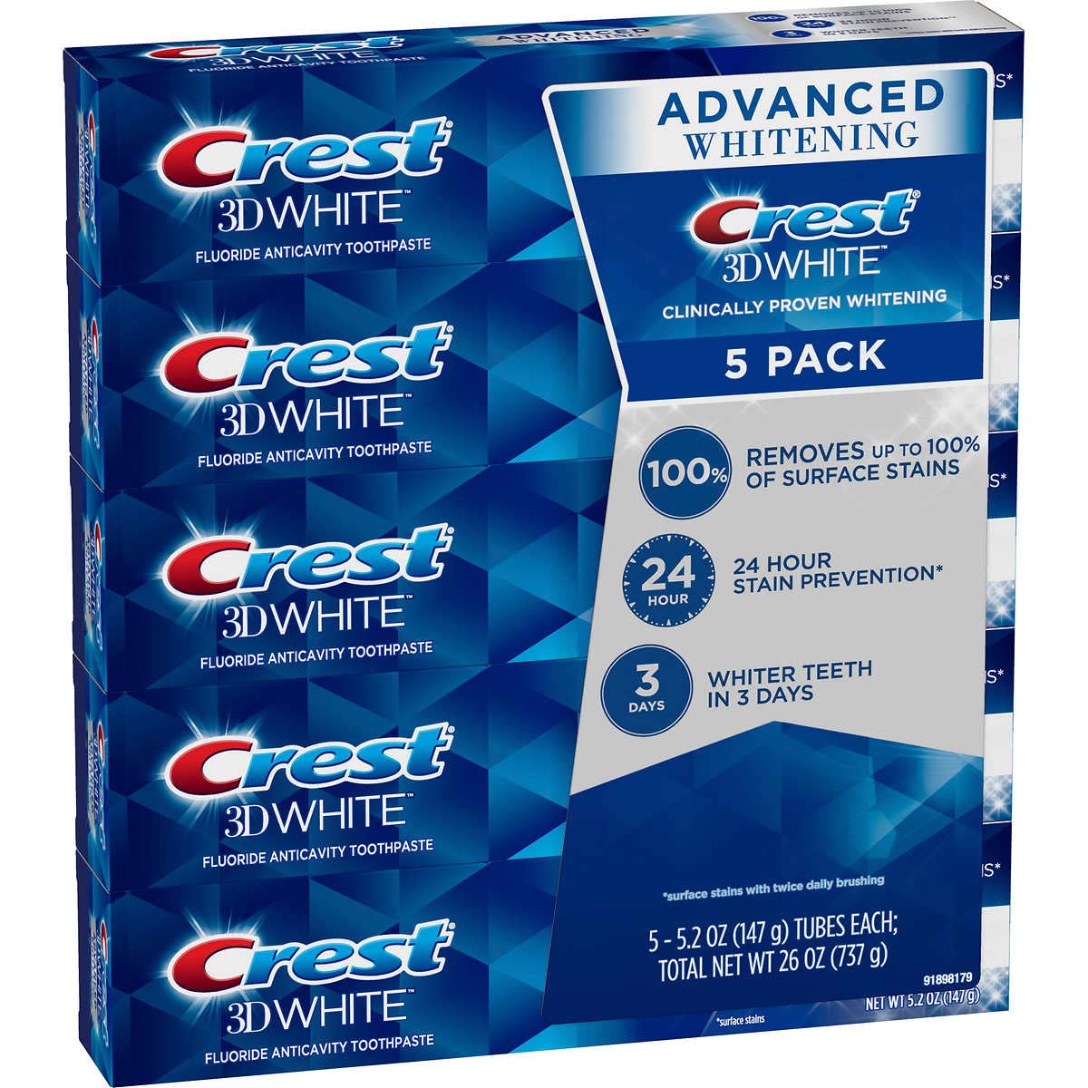 Crest 3D White Advanced Whitening Toothpaste, 5.2 oz (Pack of 5) thumbnail 2
