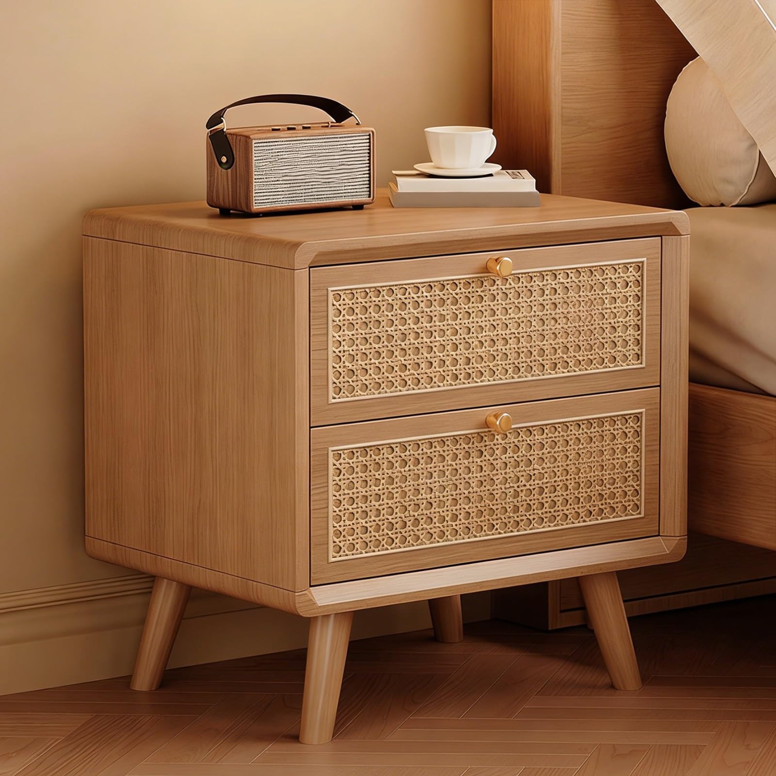 SXZenSpace Rattan Nightstand End Table Farmhouse Night Stand with 2 Drawers Bedside for Bedroom Living Room(Natural,48x40x49cm)