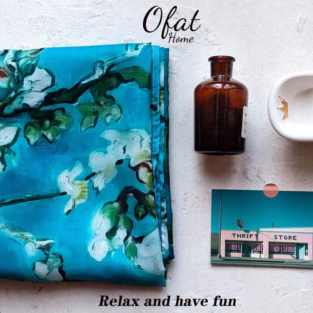 Ofat Home Van Gogh Almond Blossoms Artistic Materpiece Shower Curtains with Hooks Bathroom Decor, No Liner Needed Waterproof Washable, Green Teal, 72" X 72"