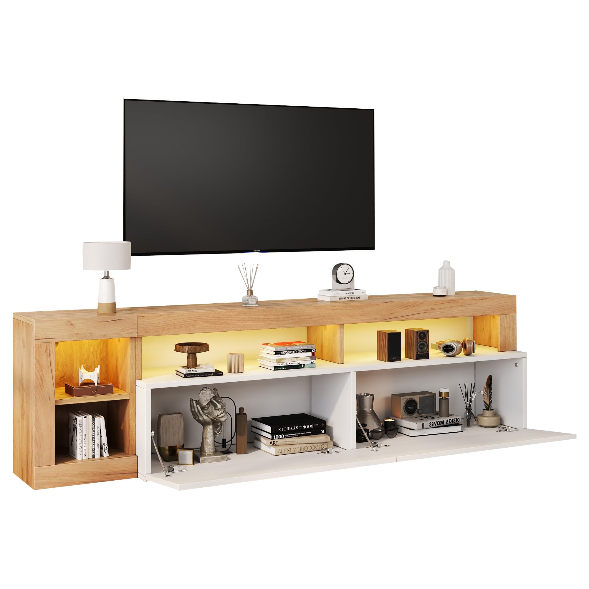 Mueble de TV moderno para televisores de hasta 80 pulgadas, espacio de almacenamiento abierto con luz indicadora LED, adecuado para armario de dormitorio y sala de estar, marco de madera