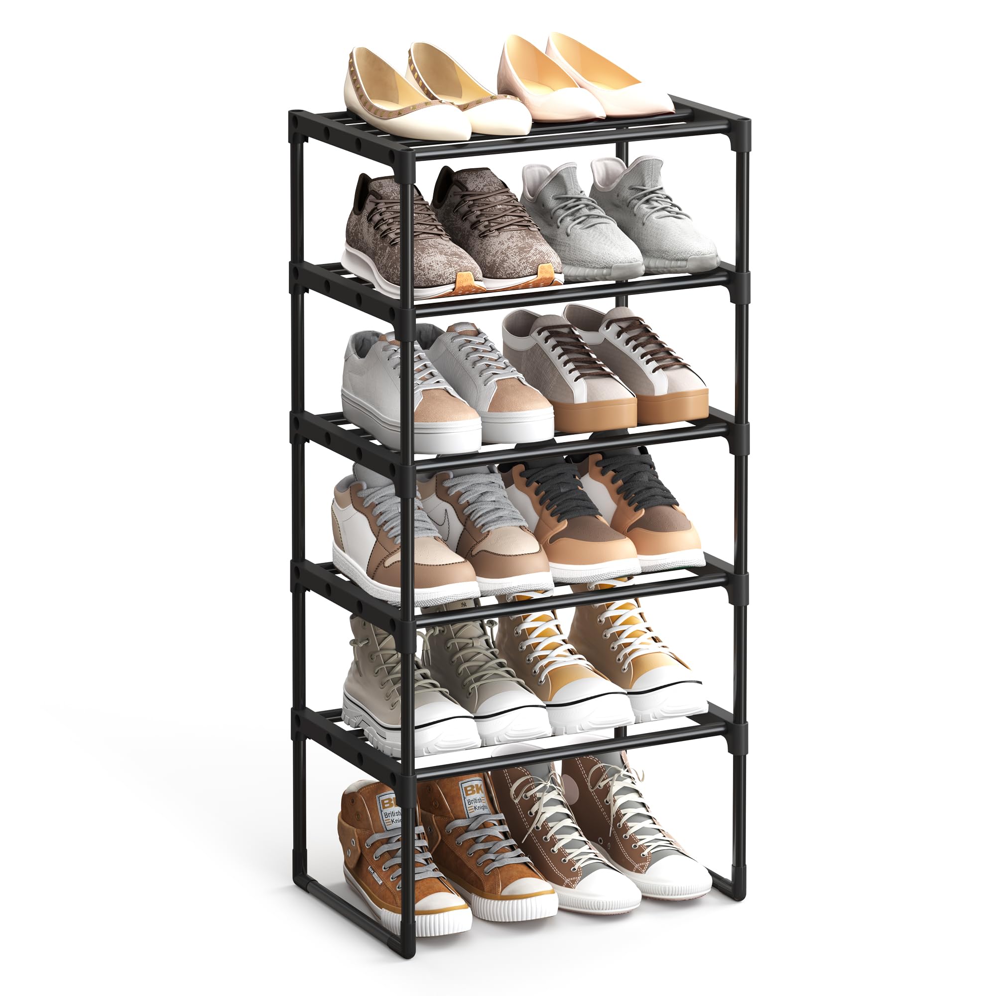 SONGMICS 5-Tier Shoe Rack, Metal Shoe Storage Organiser, Stackable Storage Rack, Space-Saving, Freestanding Shelf, for Hallway, Bedroom, Living Room, Black LSA005B02