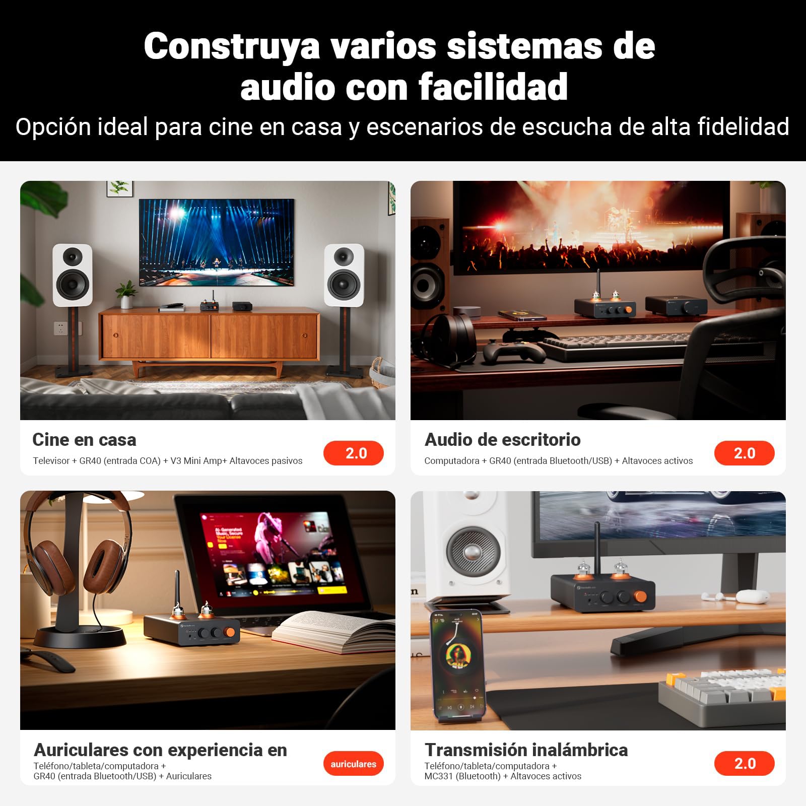 Fosi Audio GR40 Preamplificador de Tubo con DAC, Amplificador de Auriculares Estéreo de 3,5 mm, Audio Doméstico para Altavoces/Auriculares Activos, Preamplificador con Bluetooth y USB/Opt/Coax
