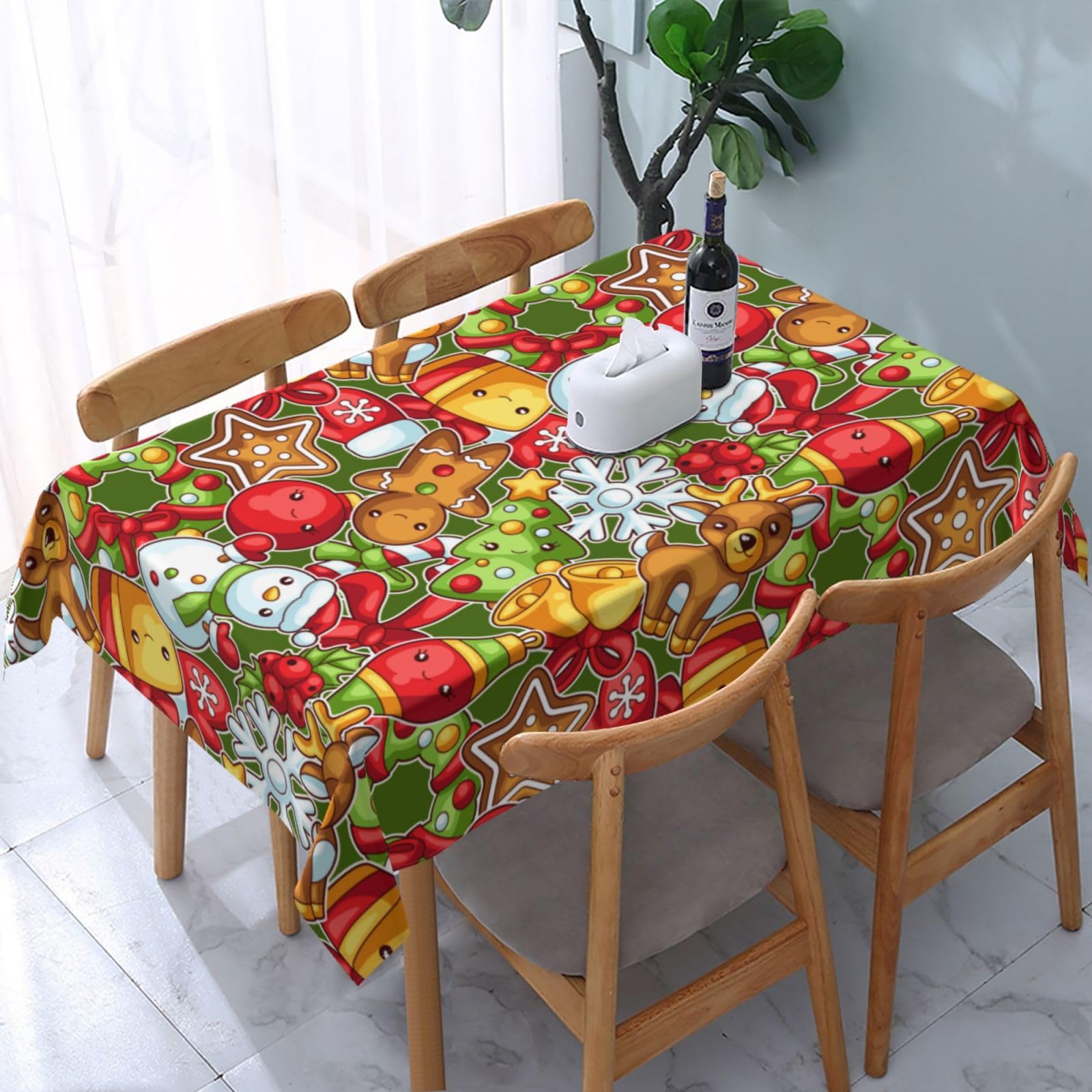 JunHeArt Merry Christmas Cute Santa Pattern Tablecloth Rectangle Table Cover Washable Table Cloths Decor For Kitchen 54" X 72"