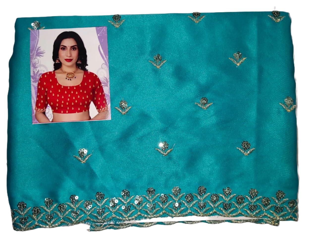 Satin Embroidered Blouse Fabric for women, 1 Metre, Rama Blue-image-37