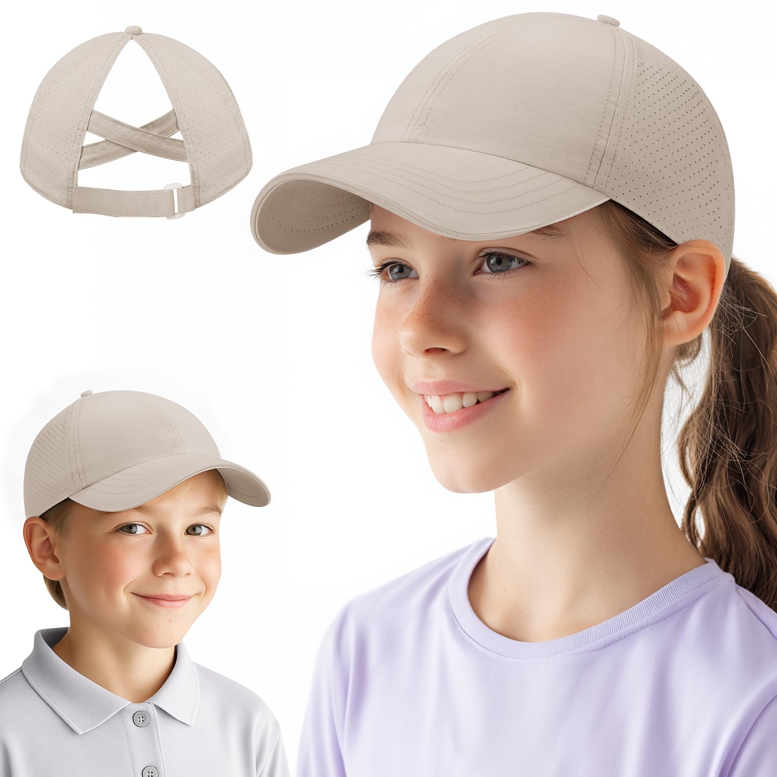 J.Fée Girls Baseball Caps Ponytail Cap, Girls Summer Hat Criss Cross Ponytail Hat Kids Baseball Cap Mesh Breathable Adjustable Quick Drying Summer Hats for Kids, 51.5-54CM, Beige, 1Pc