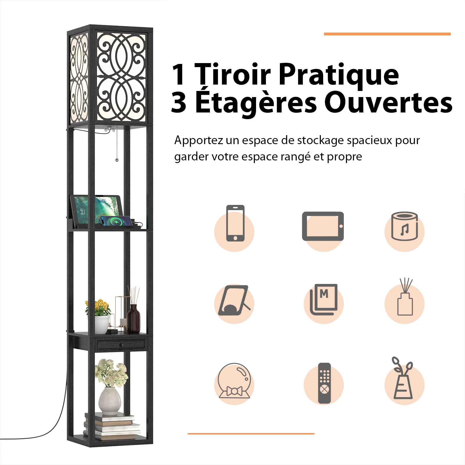 GOPLUS Lámpara de Pie con 3 Estantes Abiertos y Cajón, 2 Puertos USB, E27, Moderna para Salón, Dormitorio, Oficina, Negro, 26x26x160,5cm
