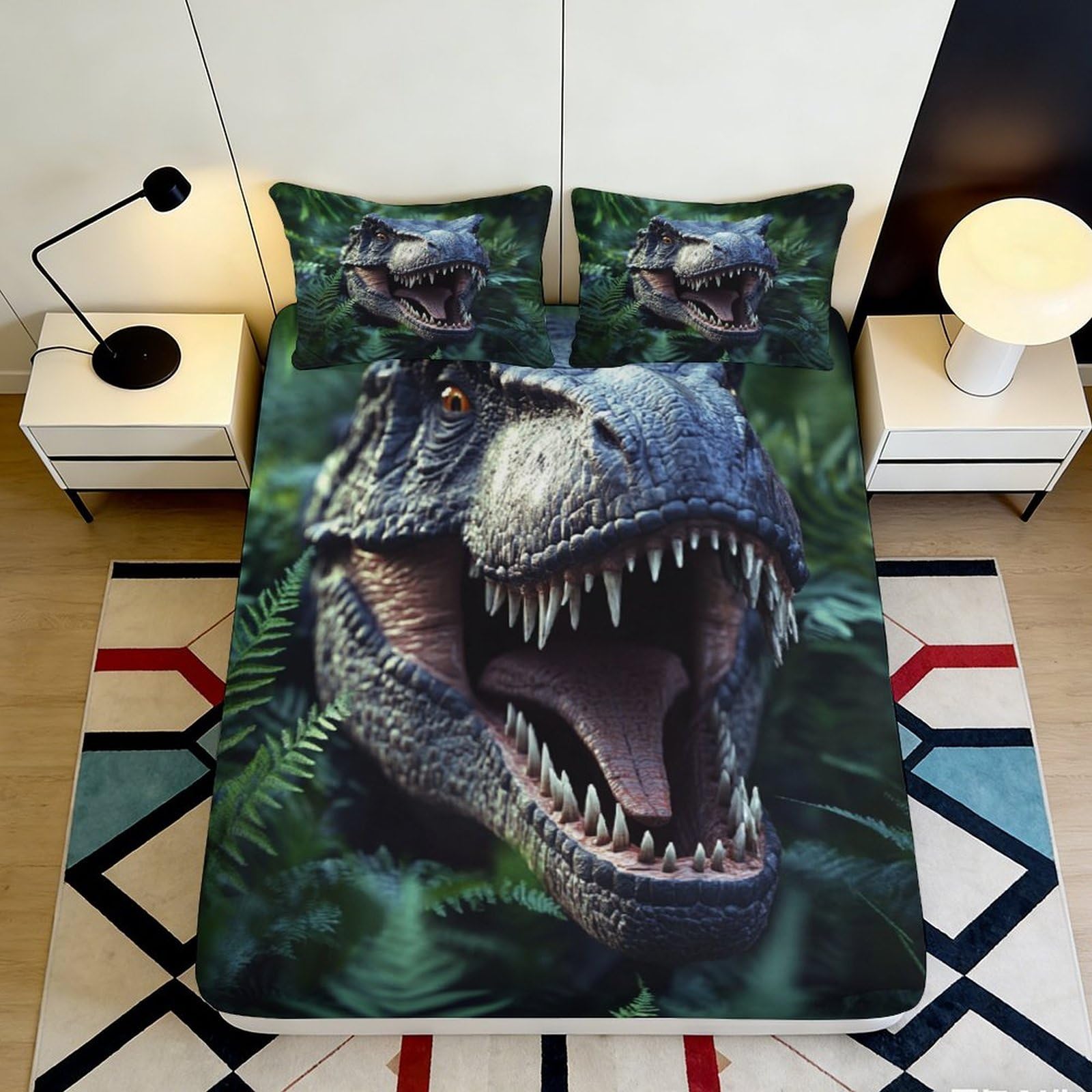3D Printed Dinosaur Fitted Sheet Microfiber Soft Breathable Jurassic Bed Cover with 3D Printed T-Rex Mattress Cover for Bedroom Dormitory Guest Room Decor 200x200x25cm