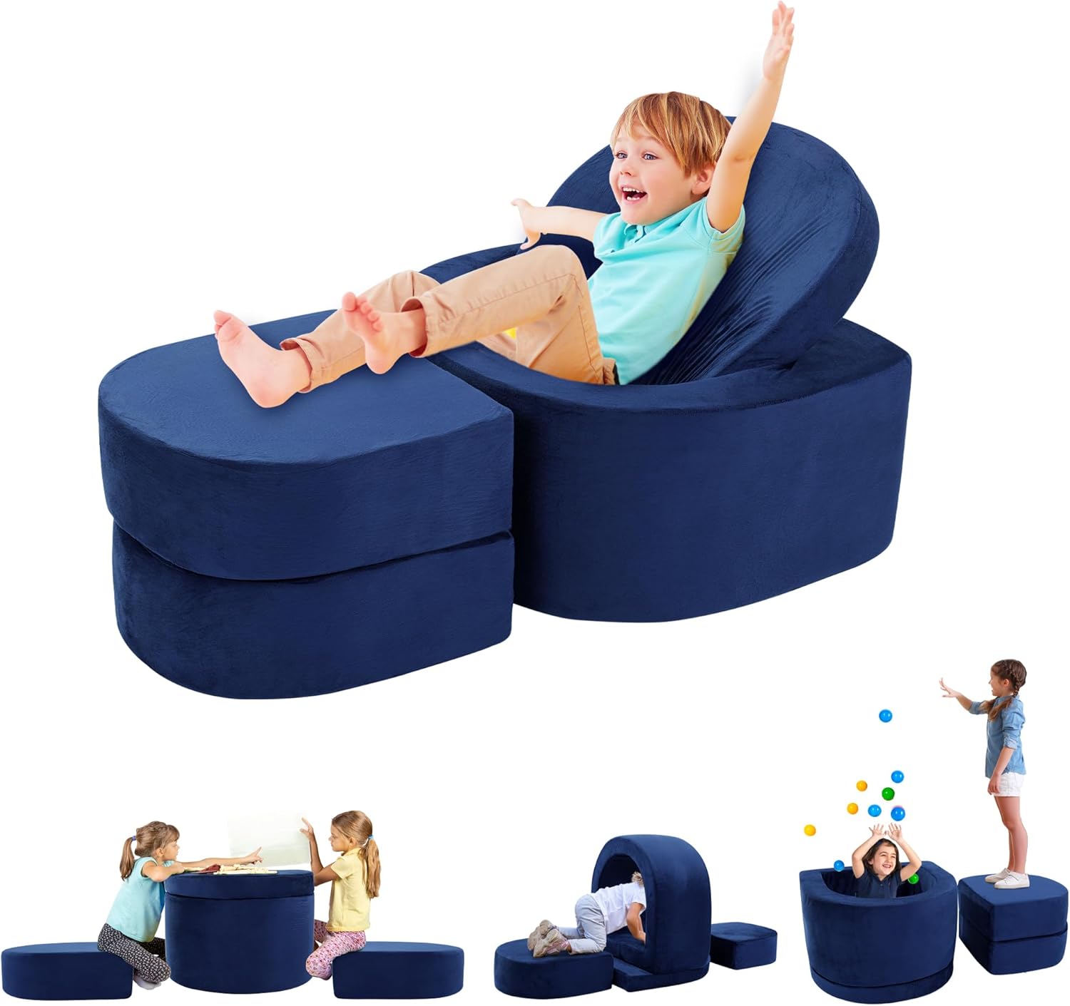 BALAPET 4 Pcs Play Couch Accessories,Convertible Ottoman,Kids Ball Pit Tunne for Children Convertible Foam Playing Cushion DIY Creativing Play Couch for Playroom,Kids Soft Funiture(Blue)