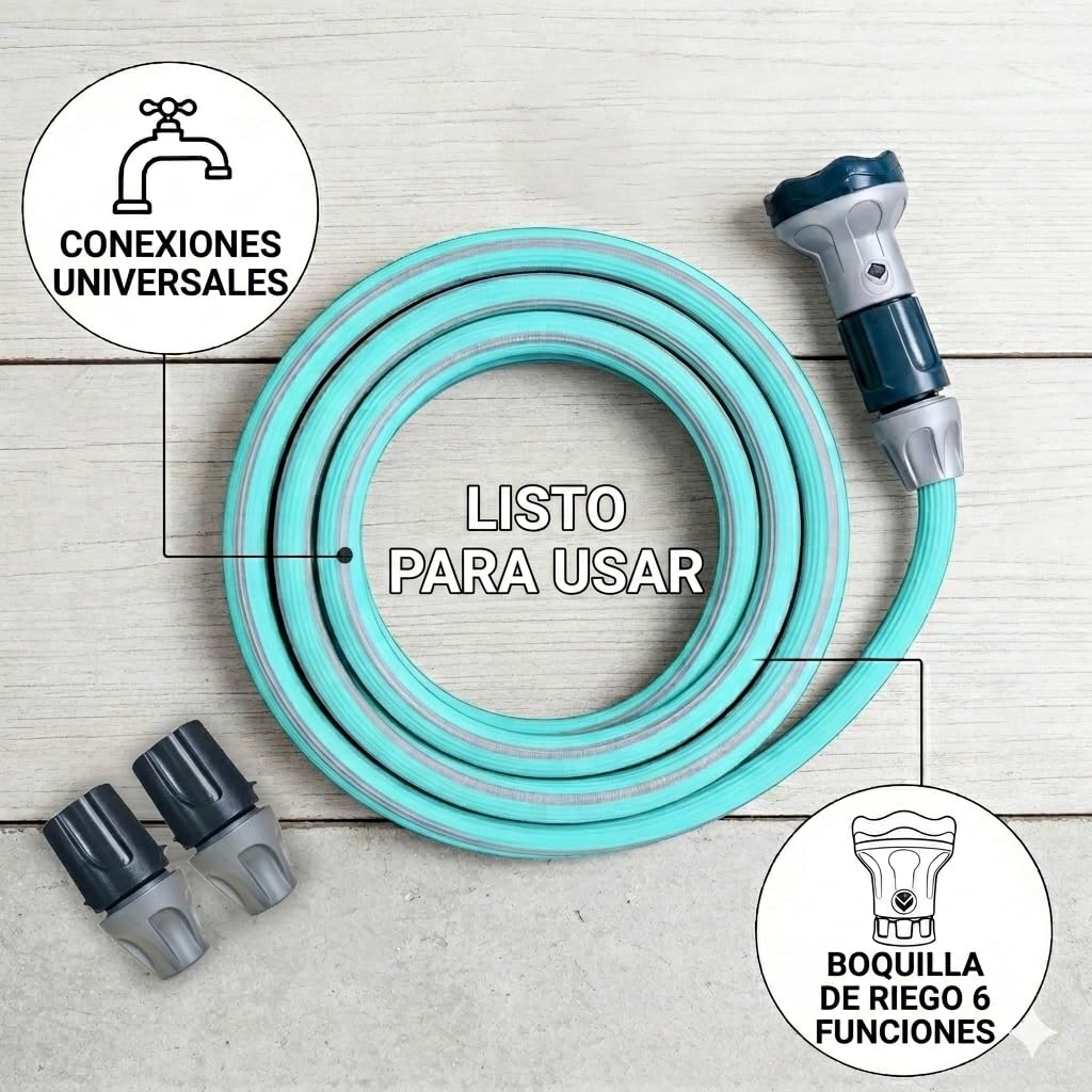 Idroeasy, manguera de jardín extensible de 20 metros, 5/8" de diámetro, manguera de riego extensible de 3 vías, resistente a nudos y torsiones, no tóxica, diseño azul pastel suave, Made In Italy