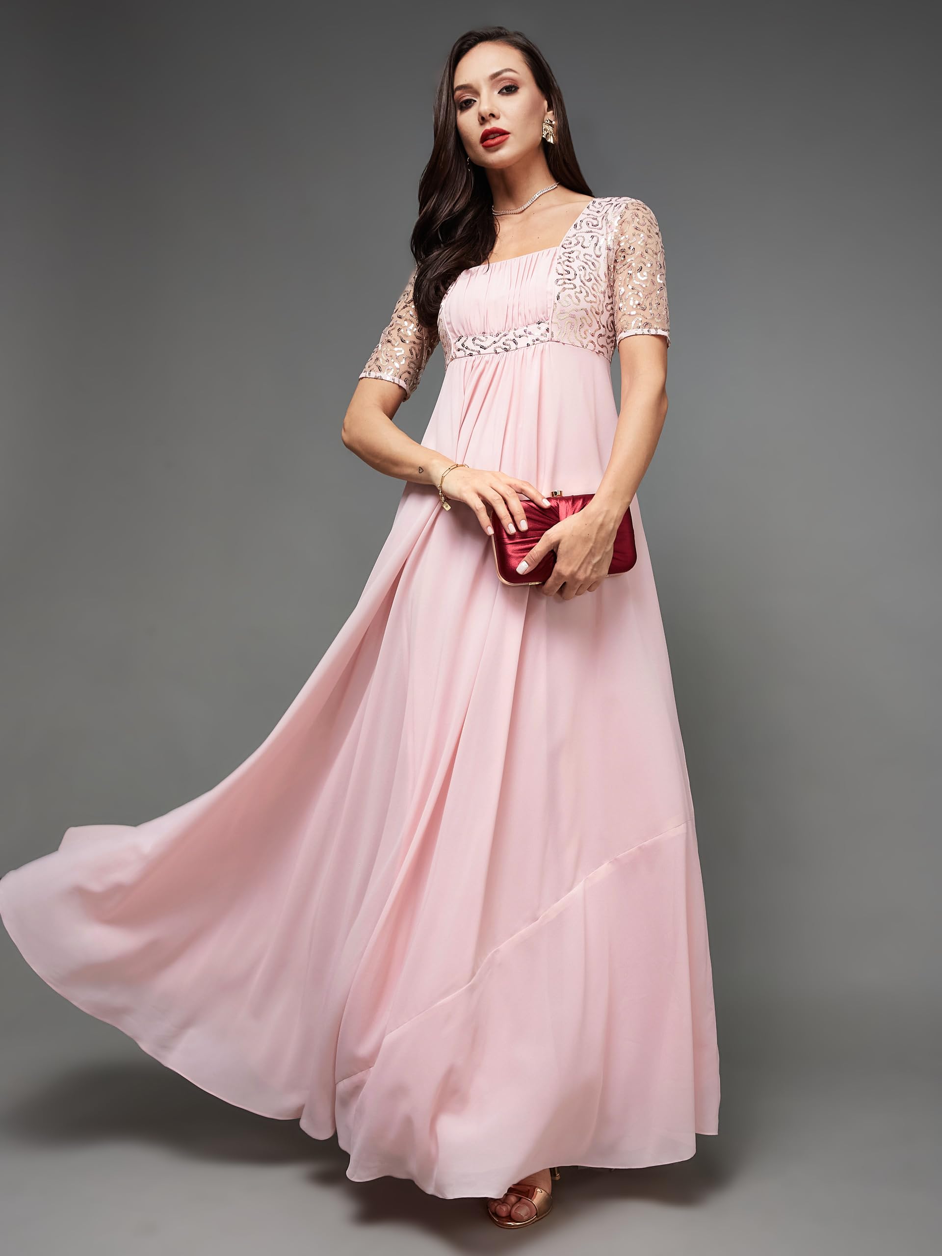 Miss Chase Women's Square Neck Half Sleeve Solid Embellished Maxi Dress (Mcss23D98-59-234-02, Dusty Pink, Xs)