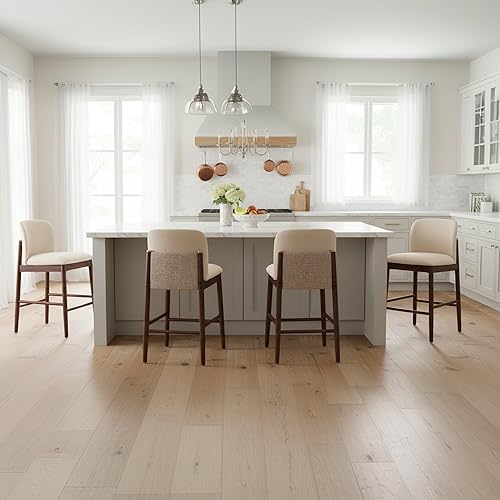 Christopher Knight Home Viner Counter Height Bar Stools Set of 4, Fabric Upholstered Bar Stool for Kitchen Island, Armless Rubberwood Counter Stools with Solid Backrest + Footrest, Beige + Dark Walnut