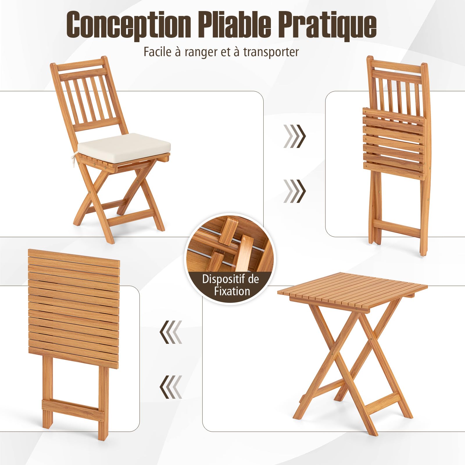 COSTWAY Ensemble de Table et Chaises en Bois d’Acacia 3 Pièces, Comprenant 1 Table et 2 Chaises Pliantes Coussins Rembourrés, Ensemble de Mobilier pour Intérieur et Extérieur (Beige Modèle2)