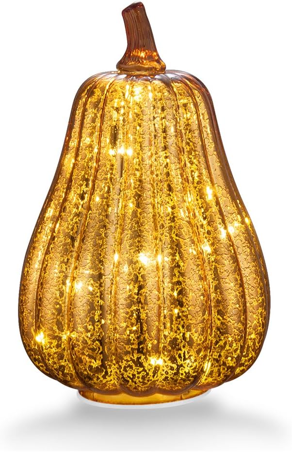 Mercury Glass Home Decor Pumpkin Light, XY Decor 8.7" Battery Operated LED Pumpkin with Timer for Fall, Thanksgiving and Halloween Decoration(Gold)