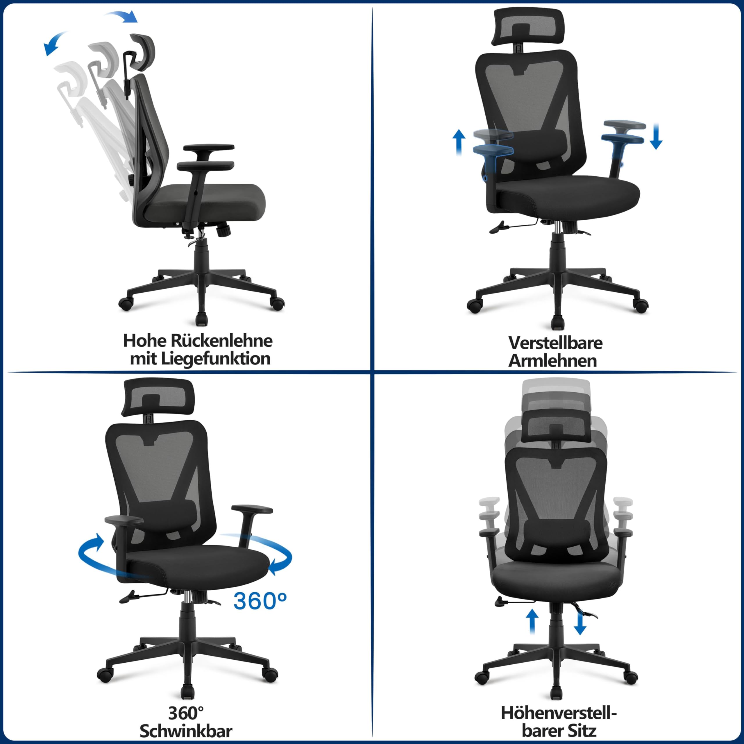 Yaheetech Bürostuhl Ergonomisch mit atmungsaktivem Netzrücken Schwarz | Höhenverstellbarer Schreibtischstuhl Verstellbare Armlehnen Kopfstütze und Lendenstütze Wippfunktion bis 130°