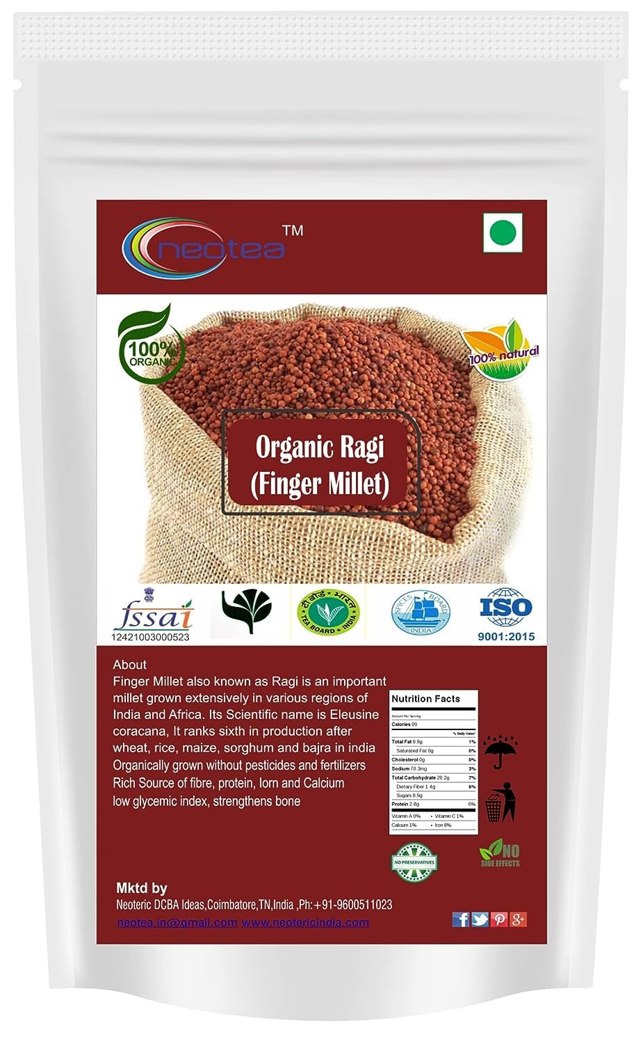 Neotea Finger Millet Ragi 2.2 lbs/1 kg | Indian Millet | Gluten free | Whole grain | Kelvaragu | Unpolished[Amazon-developed Certification] Compact by Design