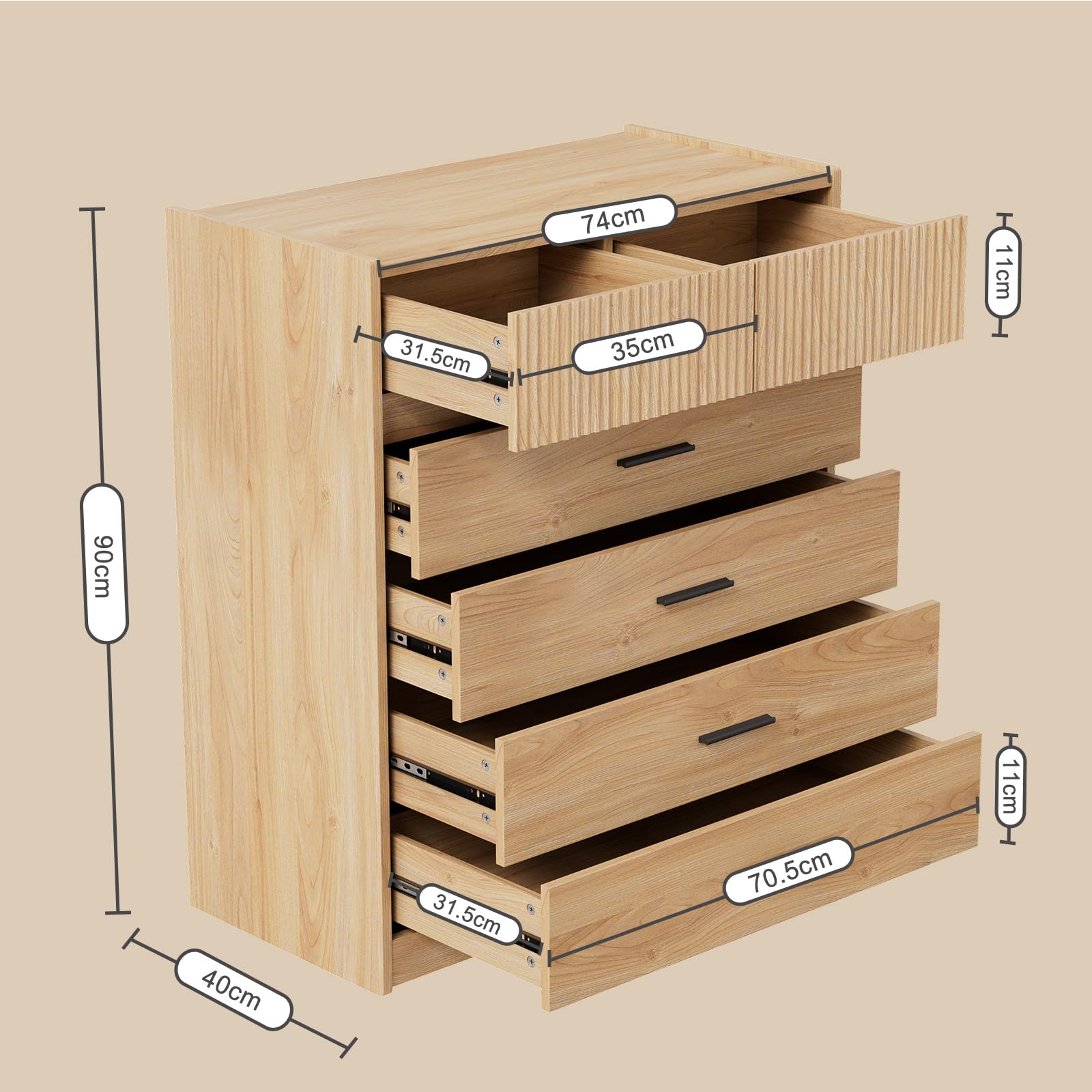 DG1 Cómoda con 6 Cajones, Blanco y Roble, 74x40x90 cm, Tablero de Partículas con Certificación FSC, Diseño Moderno Compacto (Madera Natural)
