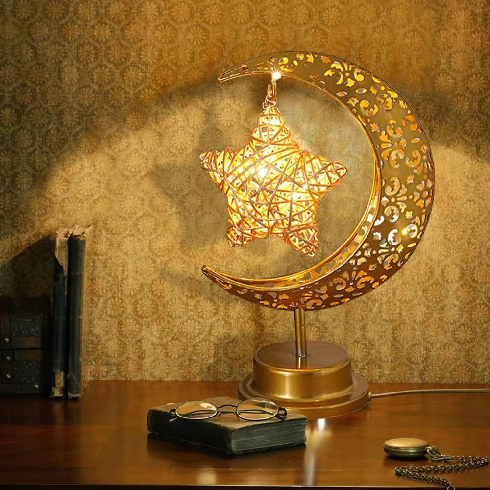 FirelexLED Moon Lamp with Star,Ramadan Table Decoration,Lamp Moon Shape Night Light for kids,Craft Decoration Moon and Star Yellow LED Light,Enchanted Lunar Lamp,Cordless Ramadan Moon Shape Desk Lamp