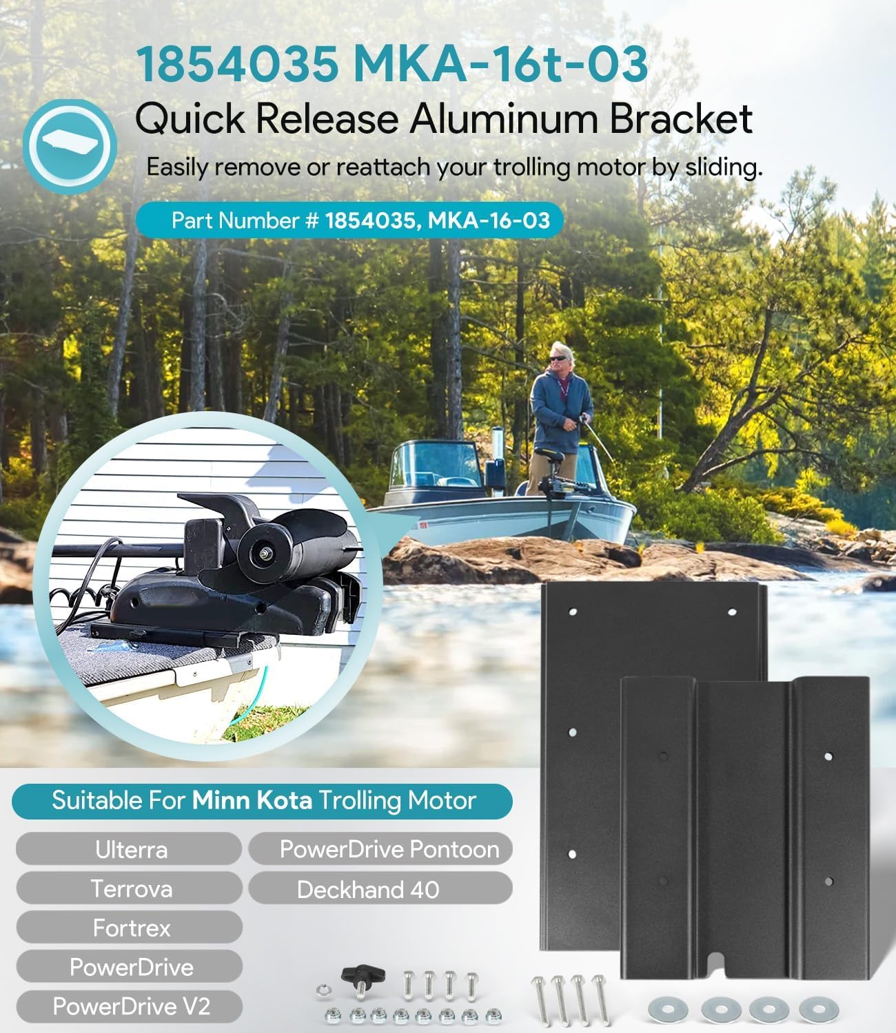 Supporto a sgancio rapido per motore fuoribordo – Compatibile con Minn Kota 1854035 / MKA-16-03 – Per Ulterra, Terrova, PowerDrive, Deckhand 40 – Alluminio nero resistente alla corrosione marina