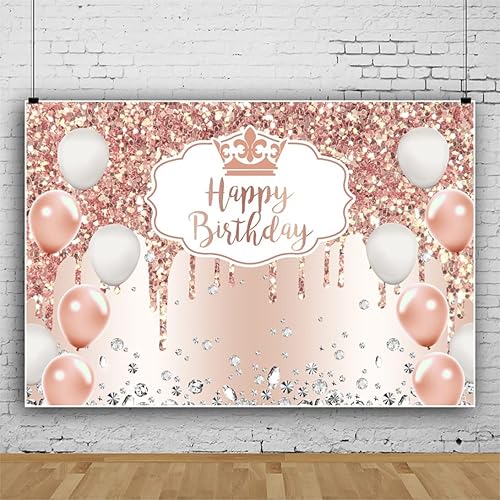 Miniatura 3 de OERJU Telón de fondo de cumpleaños de oro rosa con lentejuelas y diamantes con purpurina rosa para mujeres y niñas, decoración de fiesta de