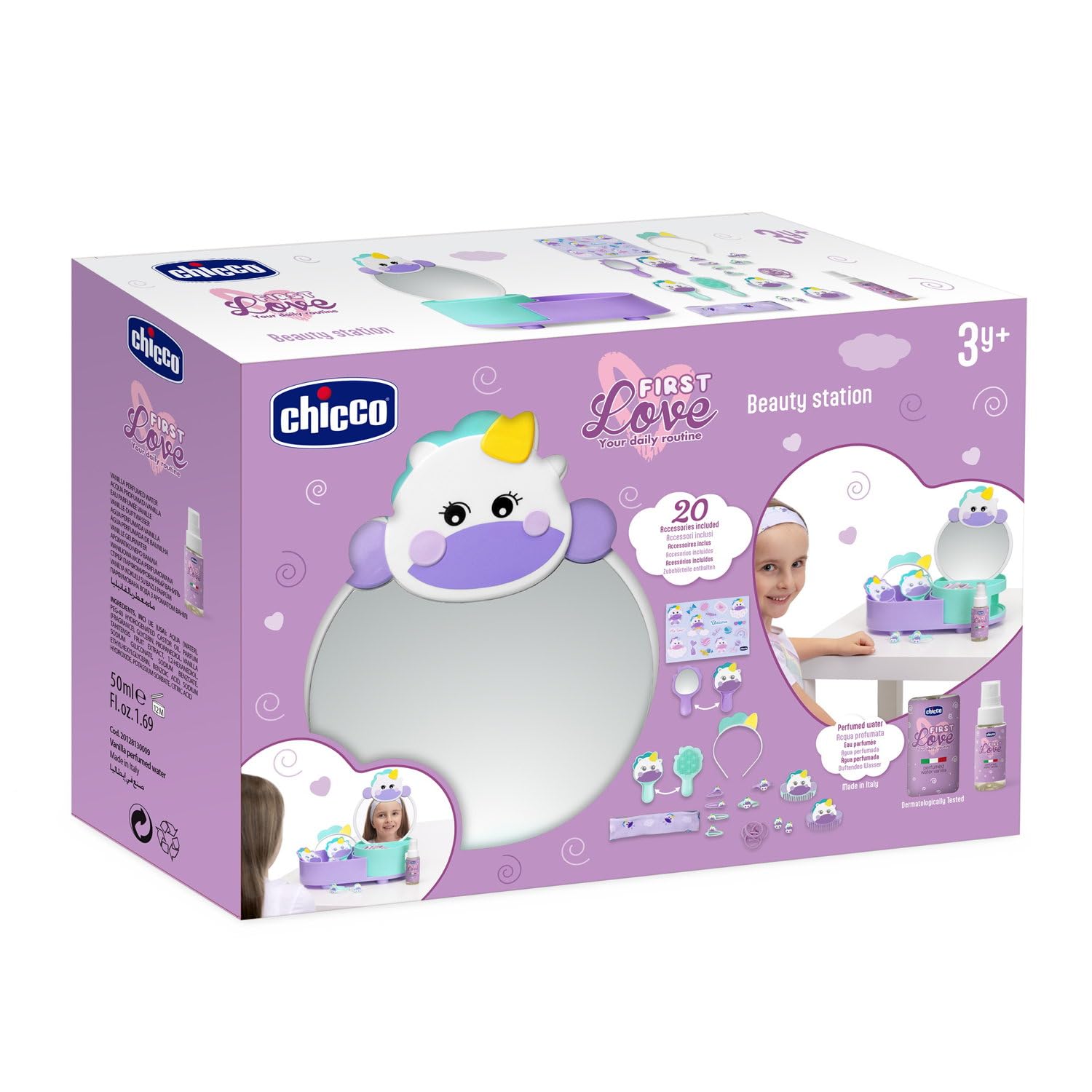 Chicco Unicorn Vanity Set – Postazione Bellezza e Specchiera Bambini con Profumo alla Vaniglia, Specchiera Unicorno, 17 Accessori per Capelli e Gioielli, Idea Regalo Bambina, 3 Anni +