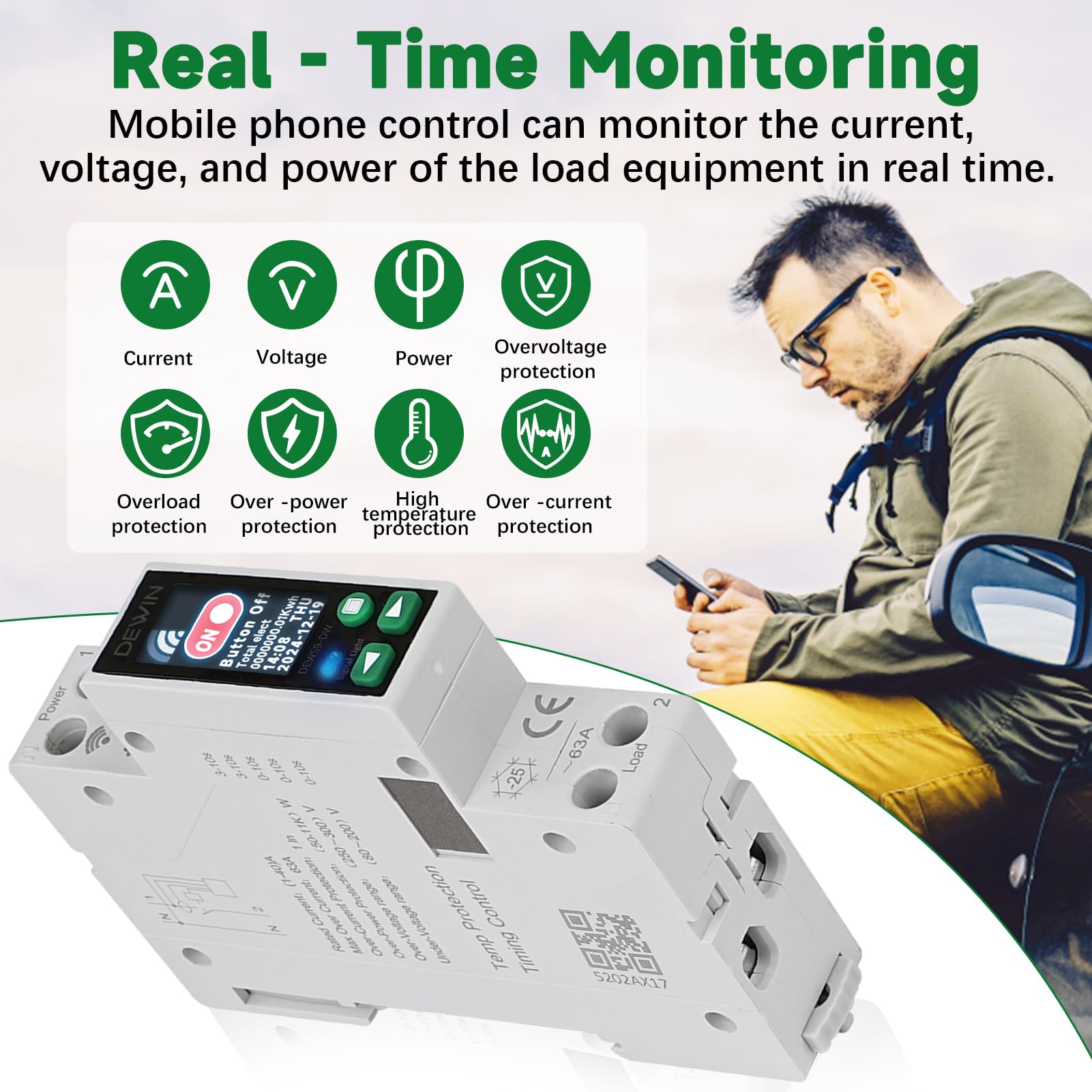 DEWIN Disjoncteur WiFi rail DIN, Tuya WiFi Smart Circuit Breaker avec minuterie fonction Smart Meter et commande à distance pour Smart Home affichage LCD 40A AC 230V