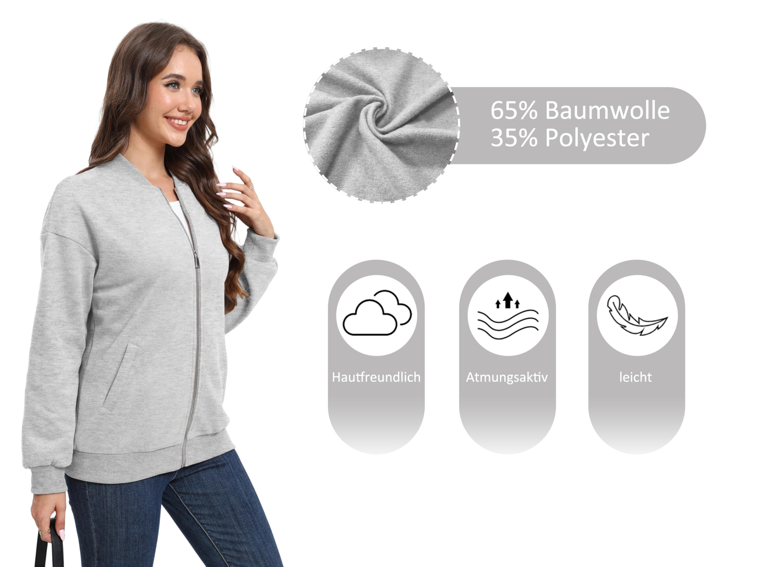 Timuspo Sudadera con cremallera para mujer, informal, chaqueta de entretiempo, chaqueta de primavera y otoño, chaqueta con cuello universitario, chaqueta bomber de color liso