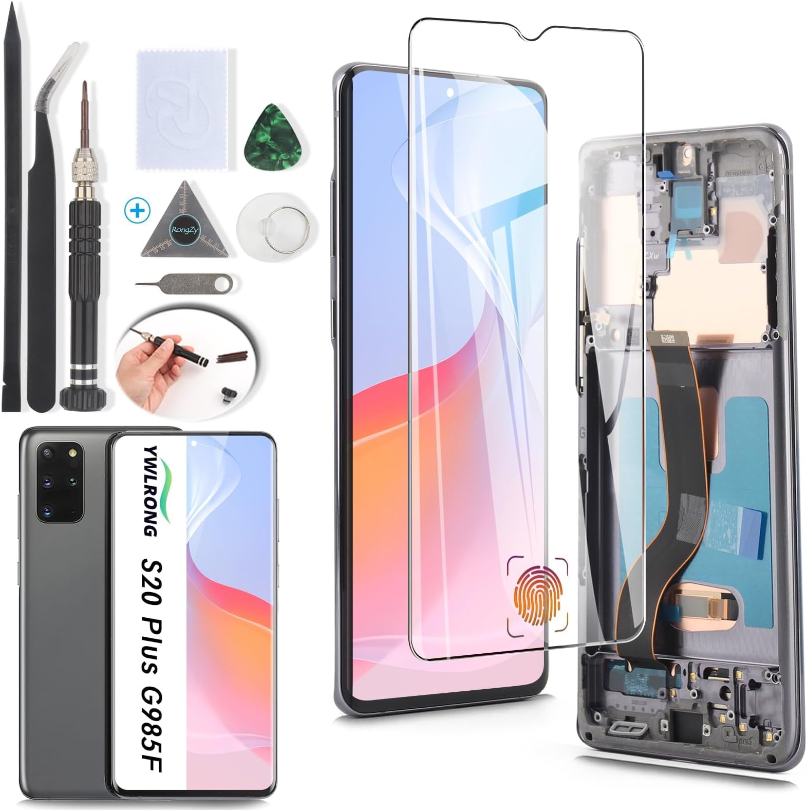 OLED for Samsung Galaxy S20 Plus 5G G986 Screen Replacement for Samsung Galaxy S20 Plus G985 LCD Display Touch Screen Digitizer Assembly Replacement with Tools（with Fingerprint, Grey Frame）